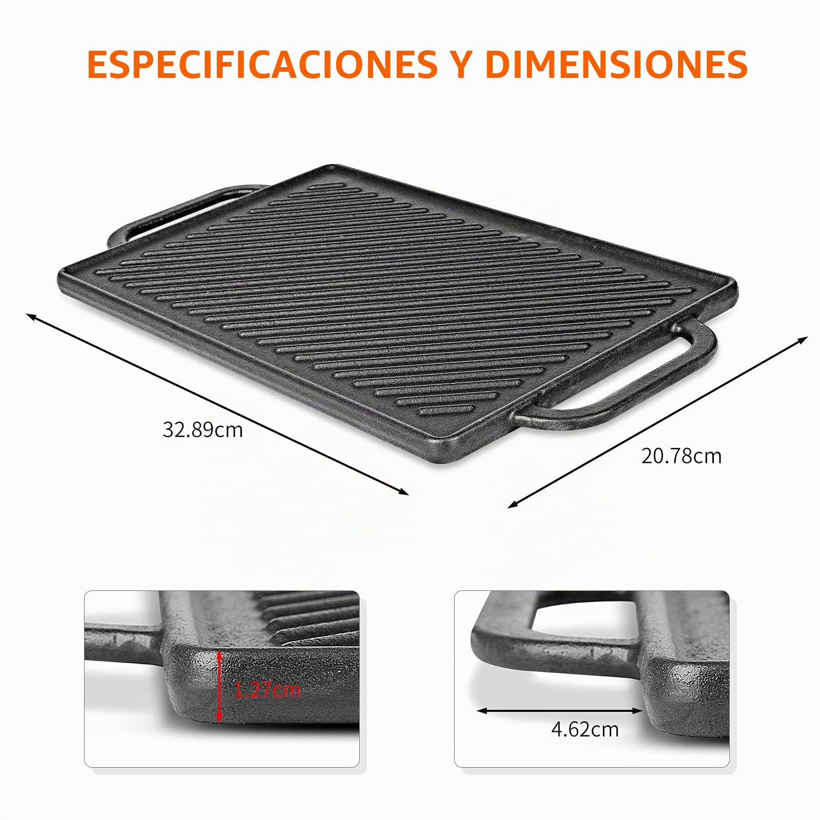 GFTIME Plancha de Hierro Fundido 33 x 21 cm para Horno, Cocina y Barbacoa, 2 en 1 Parrilla Reversible, 1 Paquete
