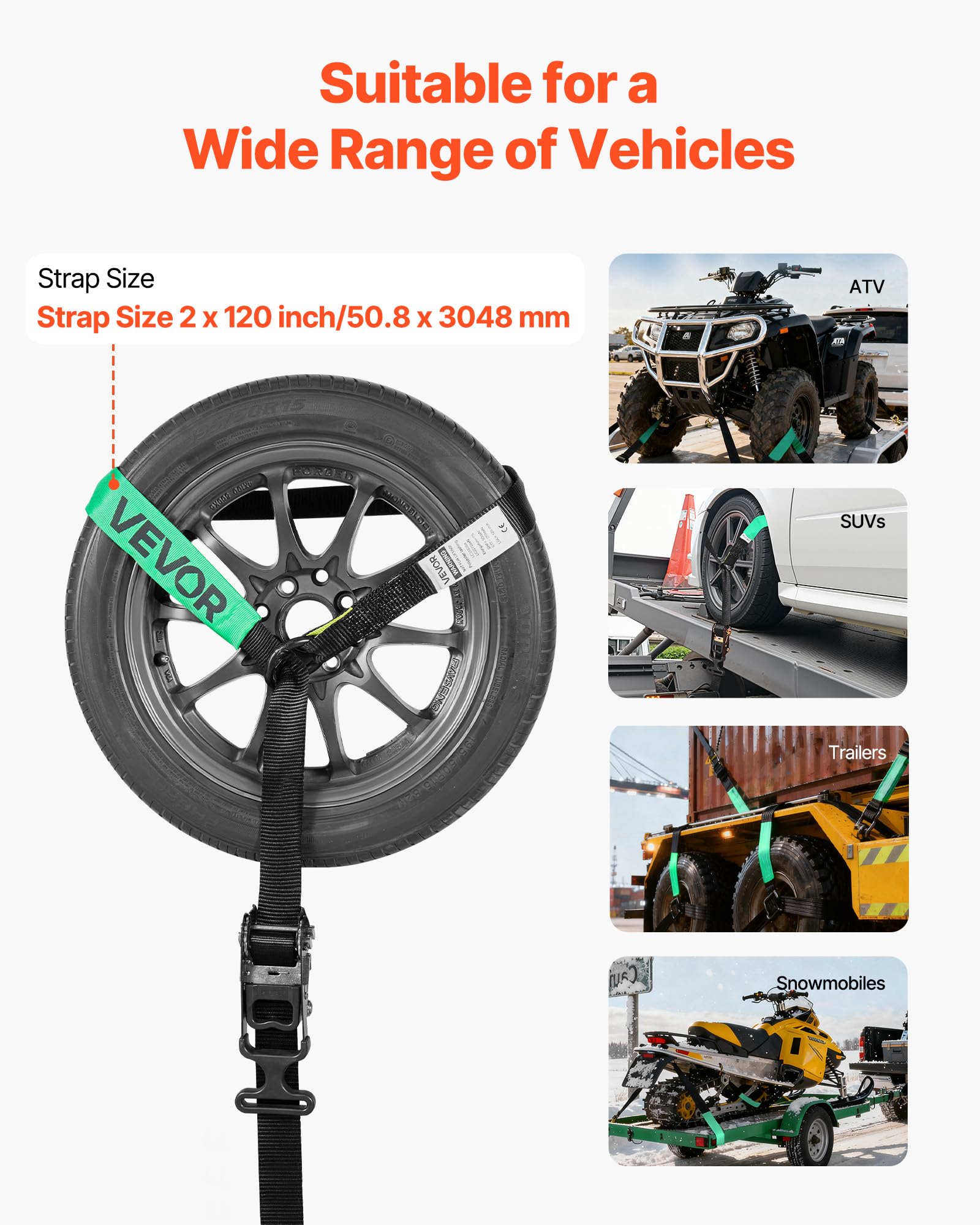 VEVOR Cinghie di Fissaggio per Pneumatici 50,8 x 3048 mm con Ganci per Impieghi Gravosi Resistenza alla Trazione di 4540 kg Capacità di Carico di 1512 kg, Cinghie di Tensionamento per SUV Rimorchi