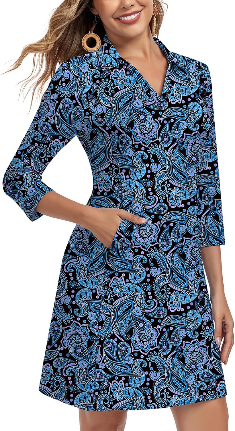 WOWENY 3/4 Sleeve Dress for Women with Pockets V Neck UPF 50+ Casual Sun Dress Breathable Quick Dry Beach Vacation - Image 6