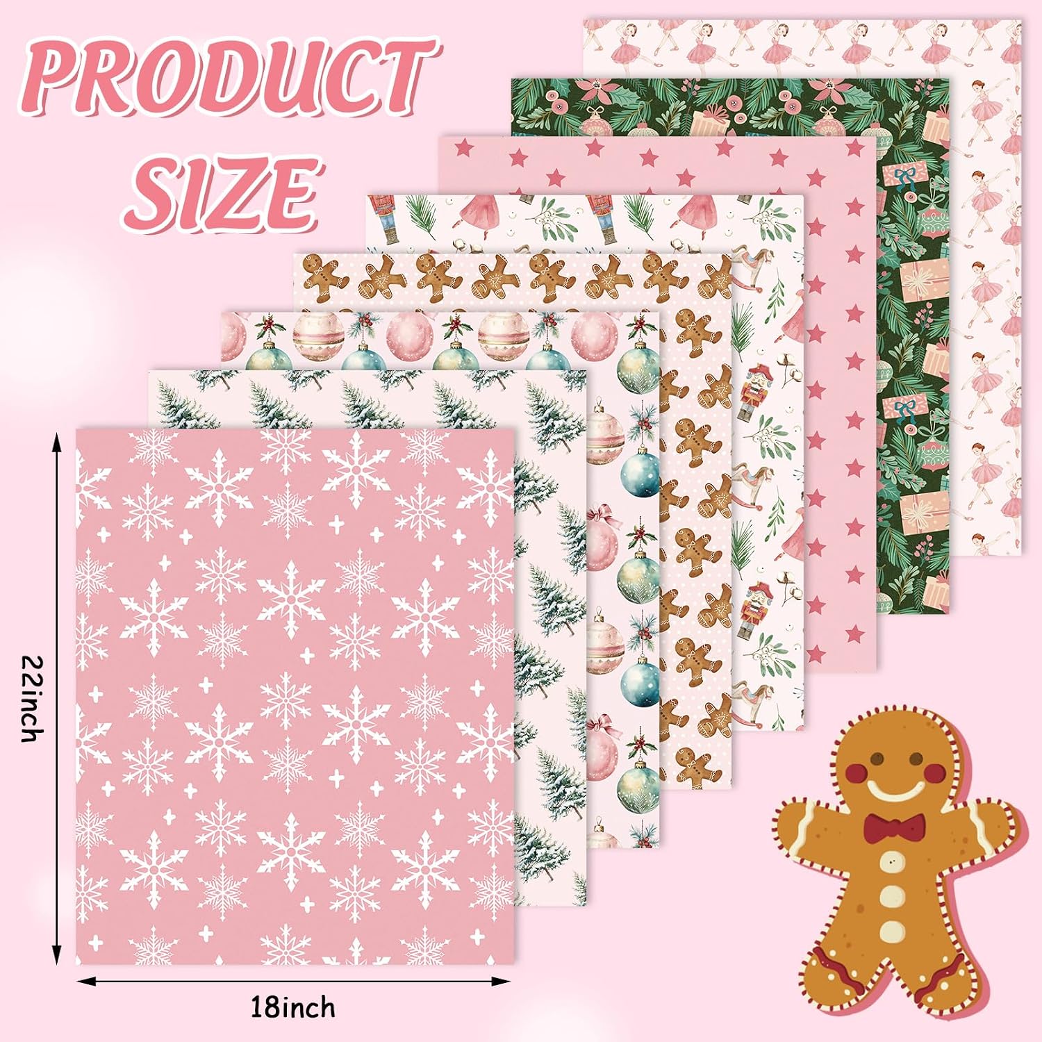 JarThenaAMCS 8Pcs Christmas Cotton Fabric Bundles Gingerbread Bell Snowflake Nutcracker Fat Quarters Pastel Pink Winter Quilting Patchwork for DIY Sewing Craft Decor, 18 x 22 Inch