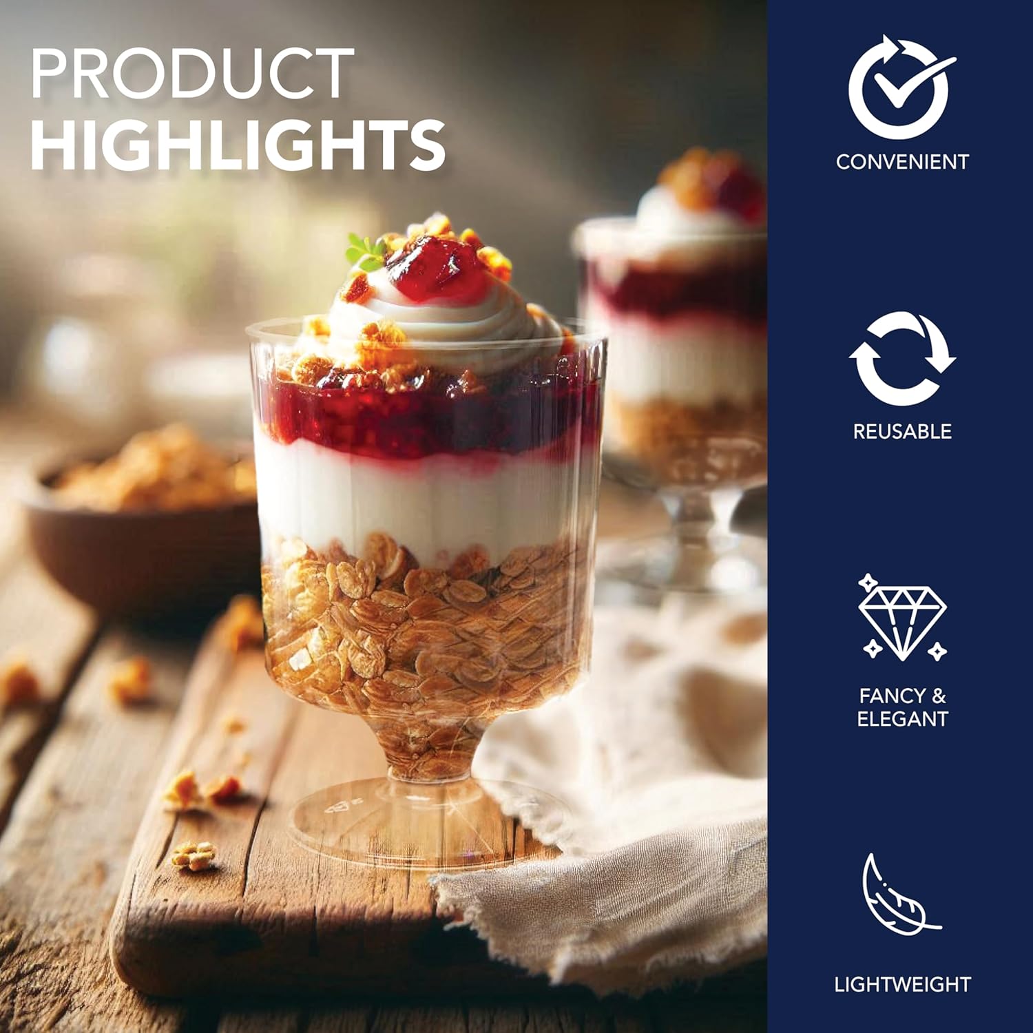 Party Essentials 5 OZ Mini Clear Plastic Dessert Parfait Cup for event Small Round Serving Goblet Wine Shot Disposable Fruit Ice Cream Mousse Pudding Appetizer Bowl, 40 Cups - Image 3