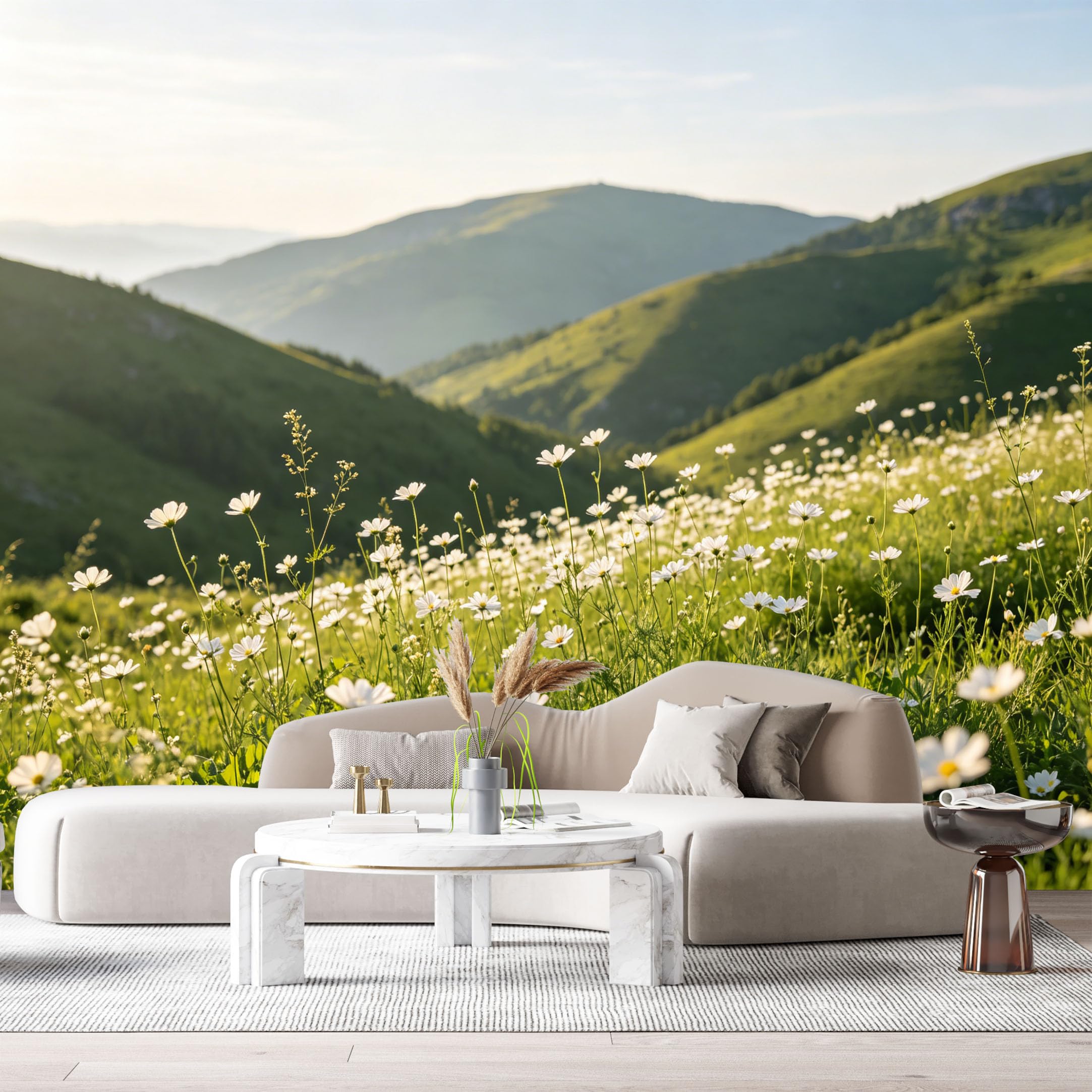Custom Size Wall Murals Mountain Meadow Landscape Botanical White Daisies Green Hills Sunrise SelfAdhesive Wall Fabric Removable Large Wallpaper for Photo Living Room