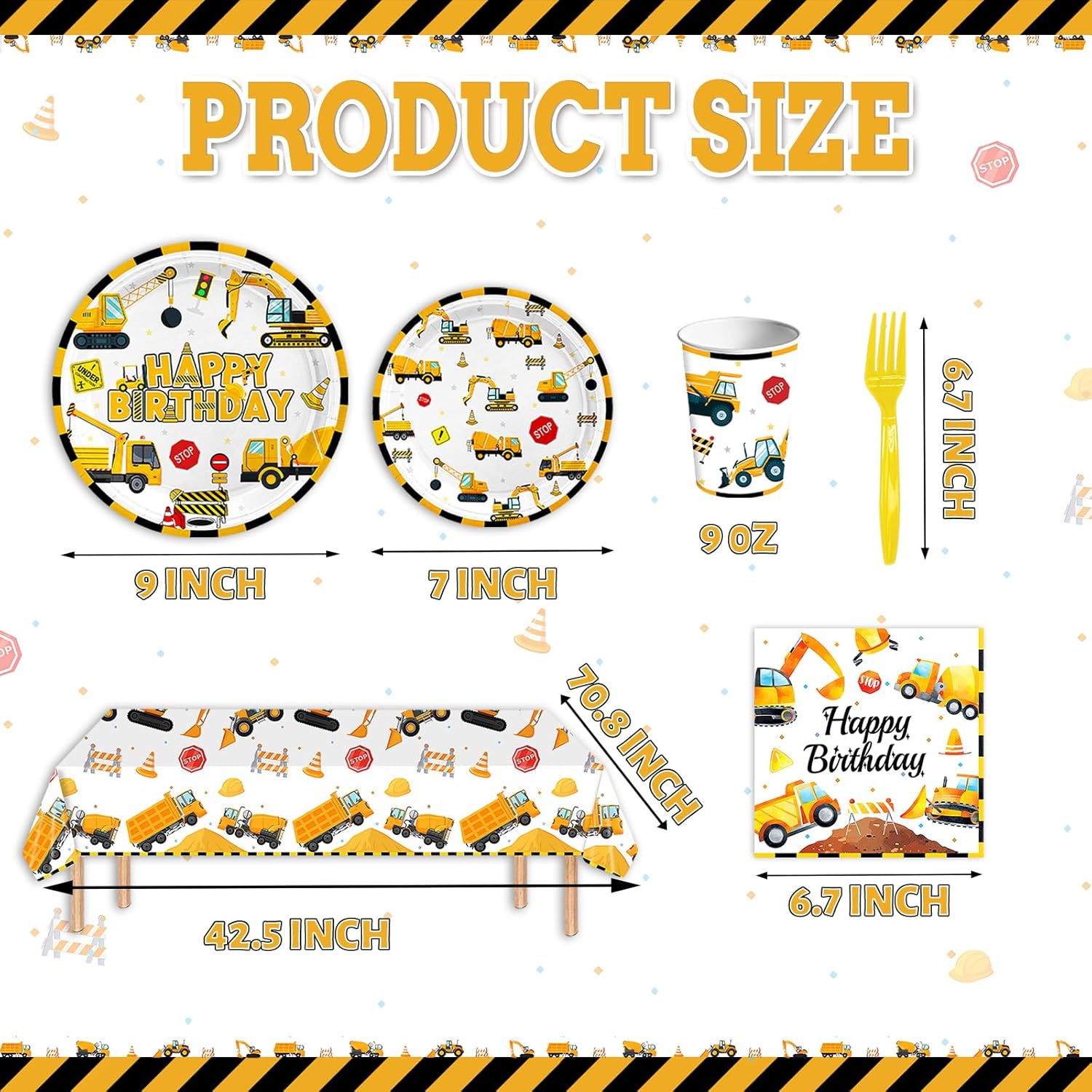 101pcs Construction Party Supplies Birthday Decorations Tableware Set Disposable Paper Plates, Napkins, Cups, Cutlery, Tablecloth, For Construction Theme Birthday Decorations (Construction ) - Image 2