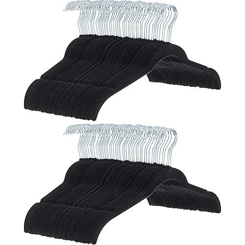 Amazon Basics Slim, Velvet, Non-Slip Shirt Clothes Hangers, Pack of 100, Black
