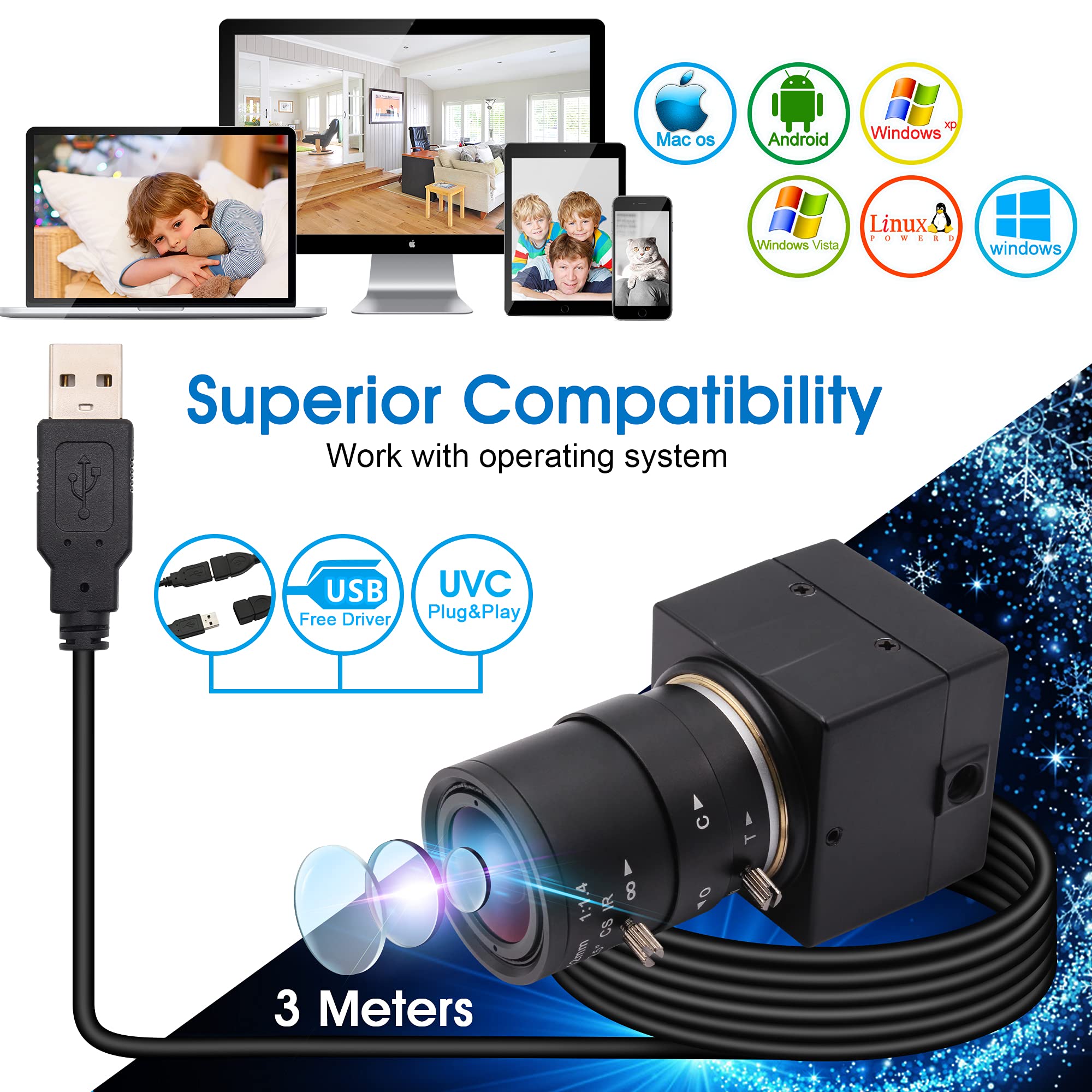 ELP Cámara web 4K Ultra HD 2160P con lente de enfoque manual óptico gran angular de 2.8-12 mm, sensor IMX415 con zoom USB para videoconferencia, Plug and Play para Windows, Linux, Mac