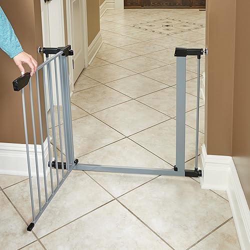 Miniatura 5 de New World Puerta de acero gris montada a presión de 29 pulgadas de alto, se expande a 38 pulgadas de ancho, no daña las paredes, incluye extensiones