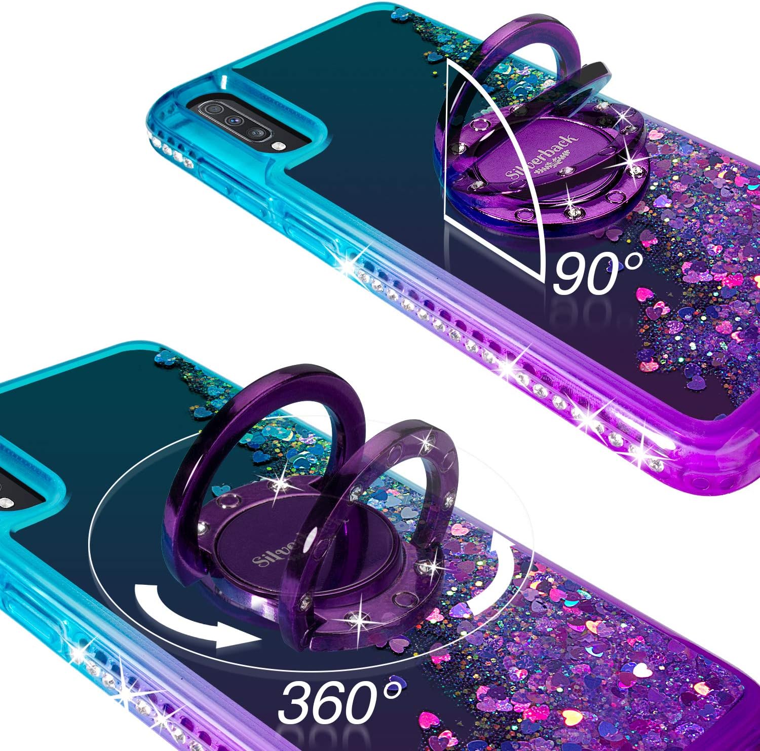 Silverback Galaxy A70 Case, Moving Liquid Holographic Sparkle Glitter Case with Kickstand, Bling Diamond Rhinestone Bumper W/Ring Slim Protective Samsung Galaxy A70 Case for Girls Women -Purple