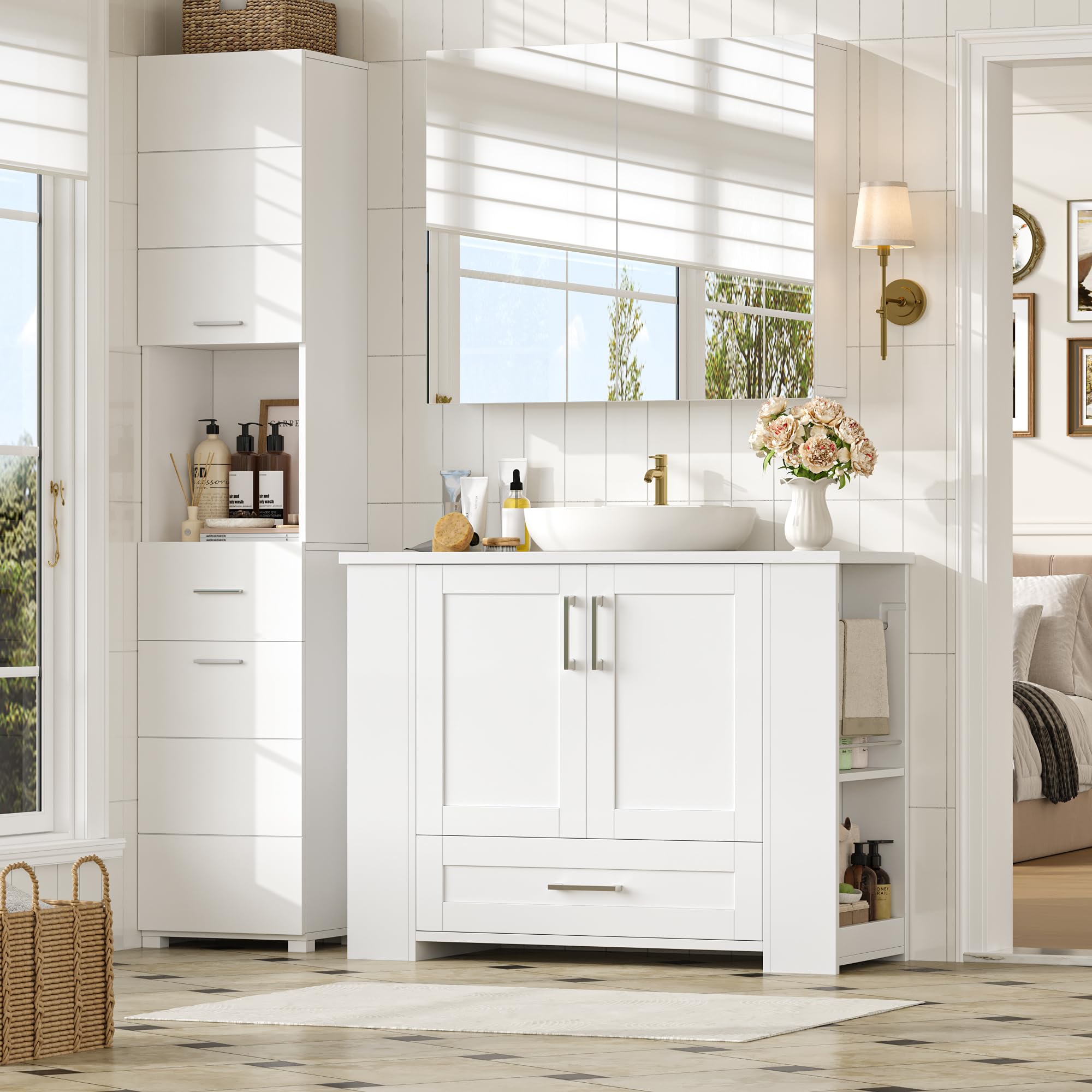 FOREHILL 80cm Mueble Baño Lavabo, Mueble Lavabo con Pie, Blanco | Mueble Baño, con 2 Portarrollos, 2 Puertas, 1 Cajón, 4 Estantes Abiertos, 80x30x63,5cm