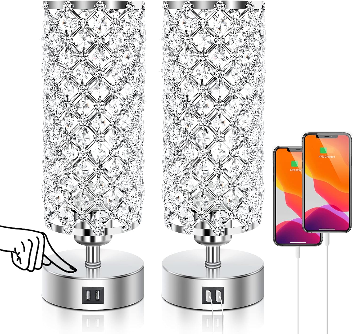 Ganiude Touch Control Crystal Table Lamps Set of 2, Nightstand Sliver