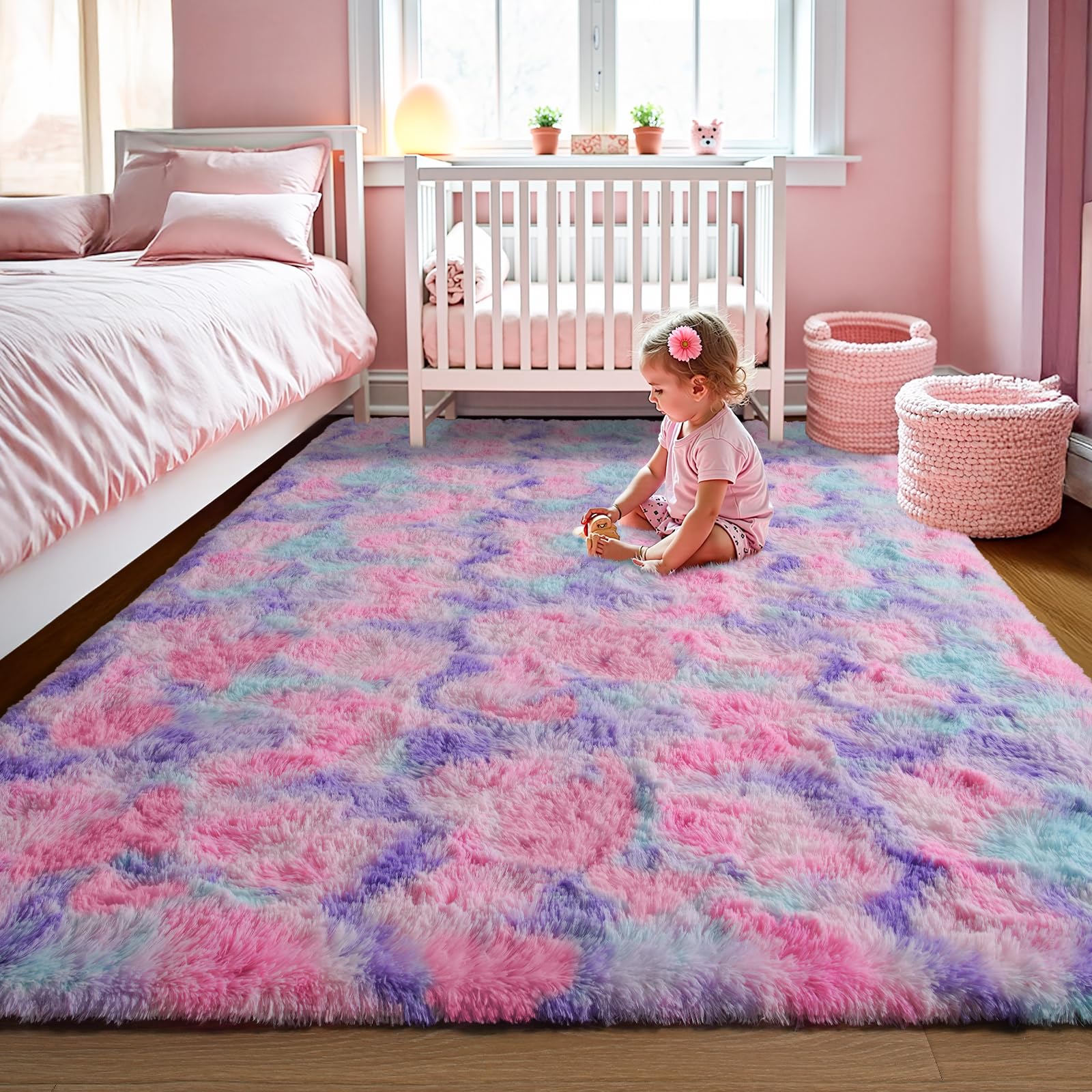 LOCHAS Luxury Fluffy Rainbow Area Rug for Girls Bedroom 5x8, Soft Fuzzy Kids Rugs for Bedroom Boys Playroom, Cute Colorful Tie Dye Princess Carpet for Nursery Living Room Home Decor, Pink/Purple