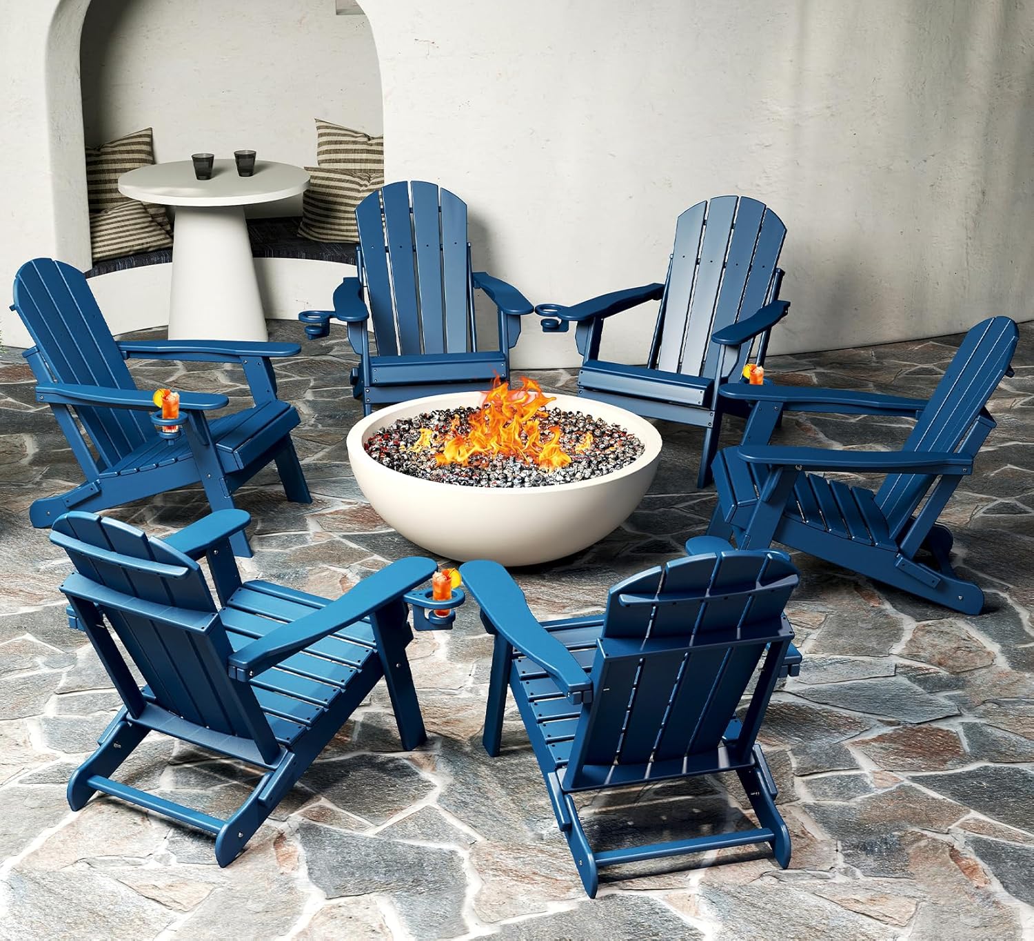 BRIOPAWS Folding-Adirondack-Chairs Set of 6 | HDPE | Fire Pit Chair | Cup Holder | Weather Resistance | Blue | for Outdoor Backyard Deck Patio