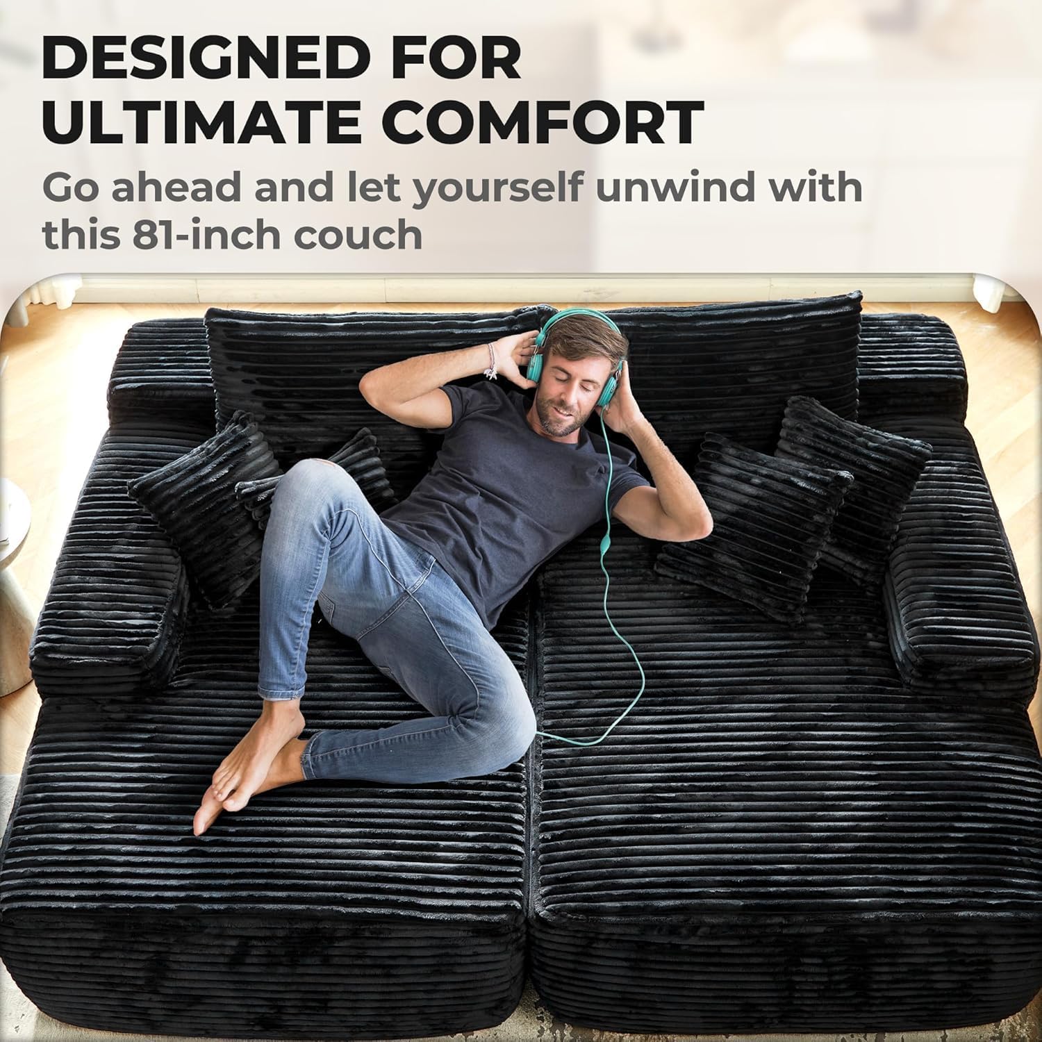Oversized Chaise Lounge Sofa Indoor - Luxury 80" Cloud Sectional Couch Sofa Bed, Deep Seat Plush Corduroy Lounge Chair Sleeper Sofa for Living Room Bedroom (Black,2PCS)