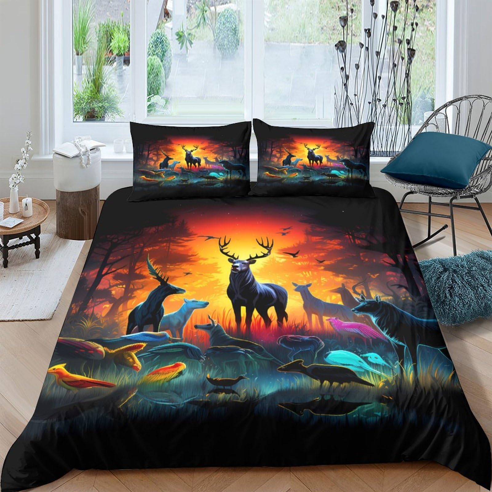 Ctjqhvkz Style-3 3D Printed Sunset Forest Deer Fitted Sheet Microfiber Soft Breathable Woodland Elk Mattress Cover For Bedroom Home Decor Single（135X200cm）