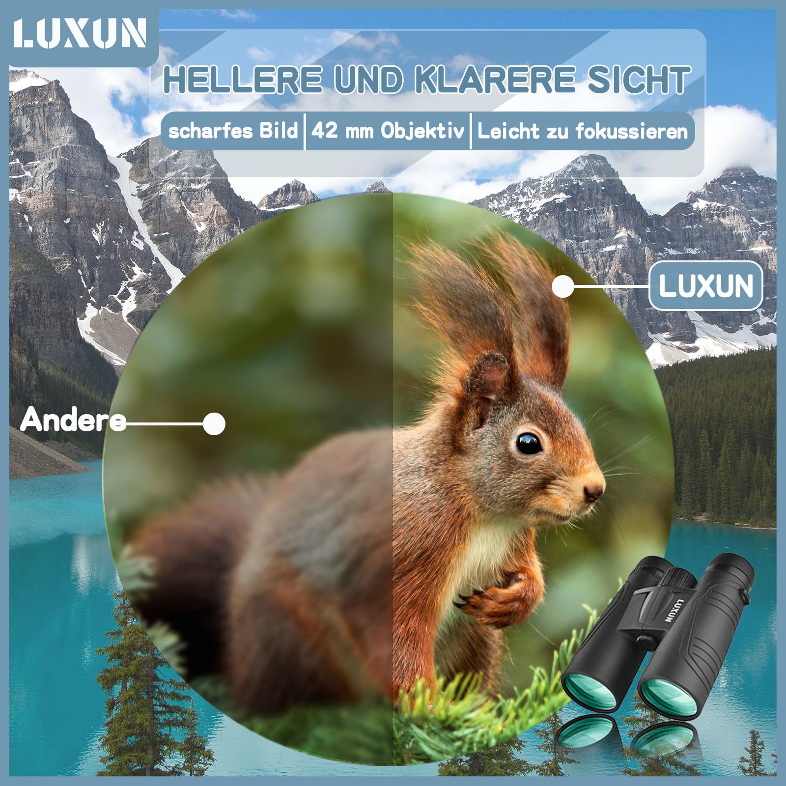 LUXUN Prismáticos de 10 x 42 para adultos, HD, para caza, observación de aves y senderismo, safari, lente FMC, con adaptador para teléfono móvil
