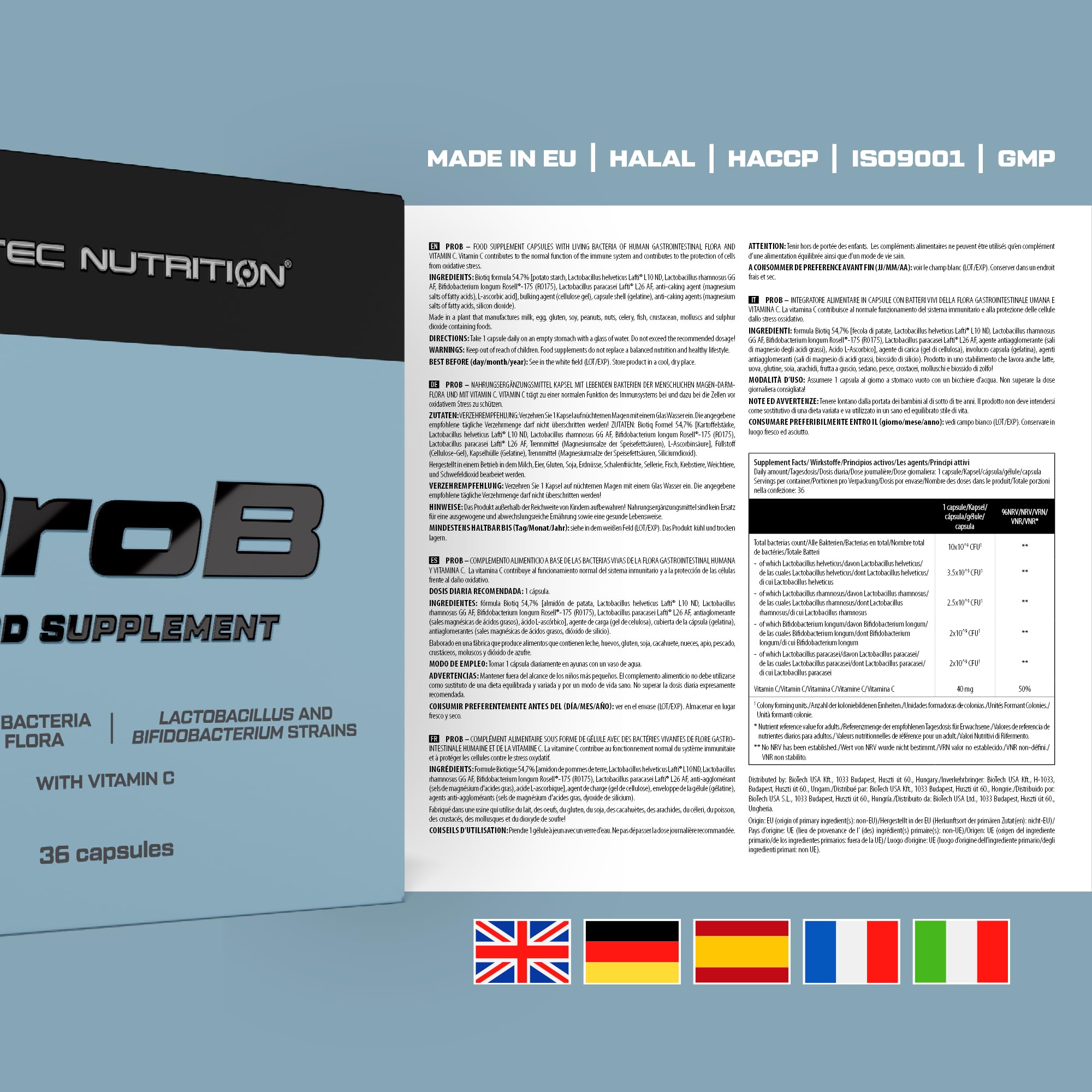 Scitec Nutrition ProB - Probiotiques avec Vitamine C pour la santé des intestins - Gélule quotidienne pour le soutien du microbiome, 36 gélules
