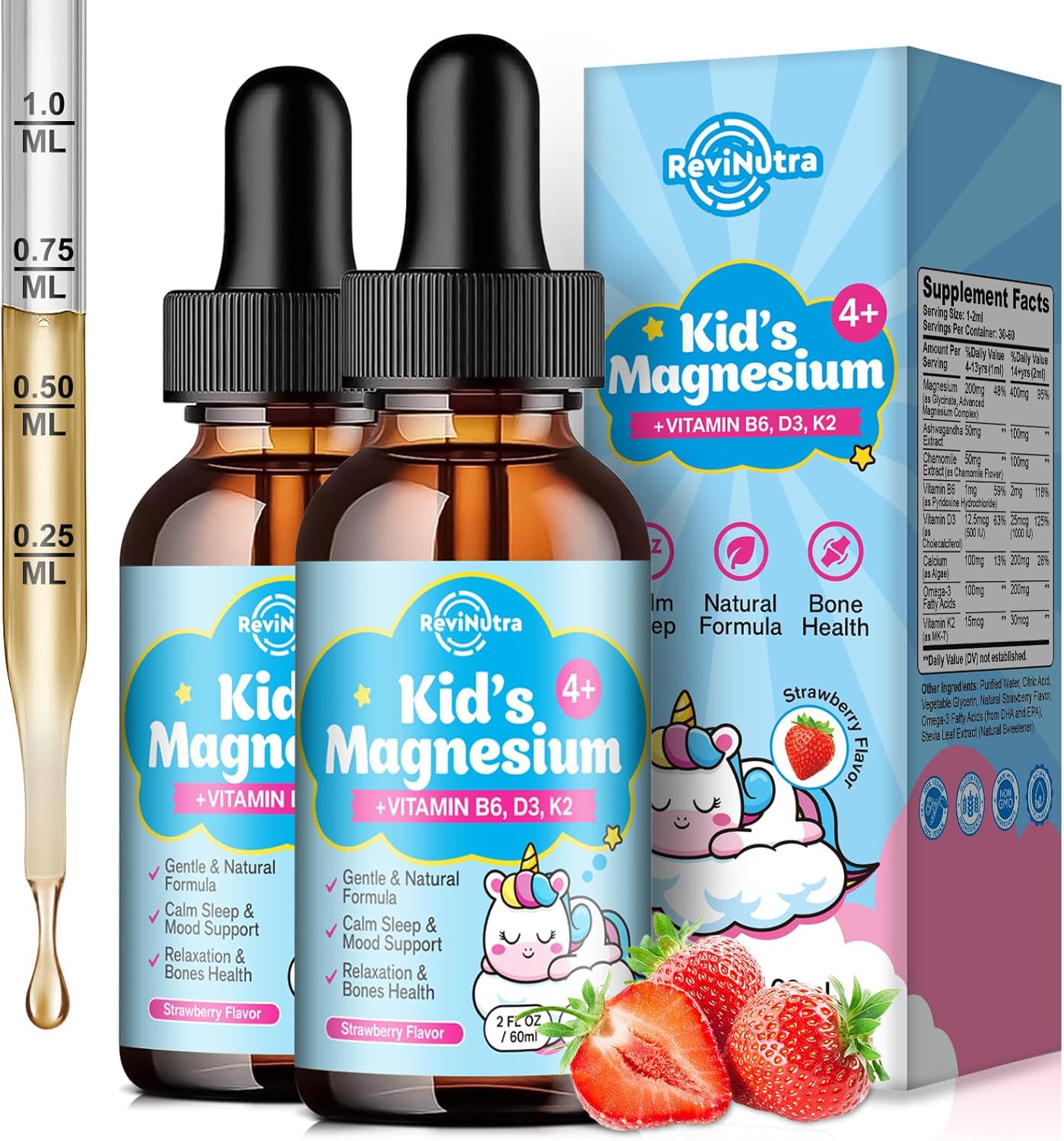 2 Pack Kids Magnesium Glycinate Liquid Drops with Omega-3, Ashwagandha, Vitamin B6, D3, K2, Calcium & Chamomile - Magnesium Drops for Kids Sleep, Calm, Focus, Brain & Mood - Strawberry Flavor
