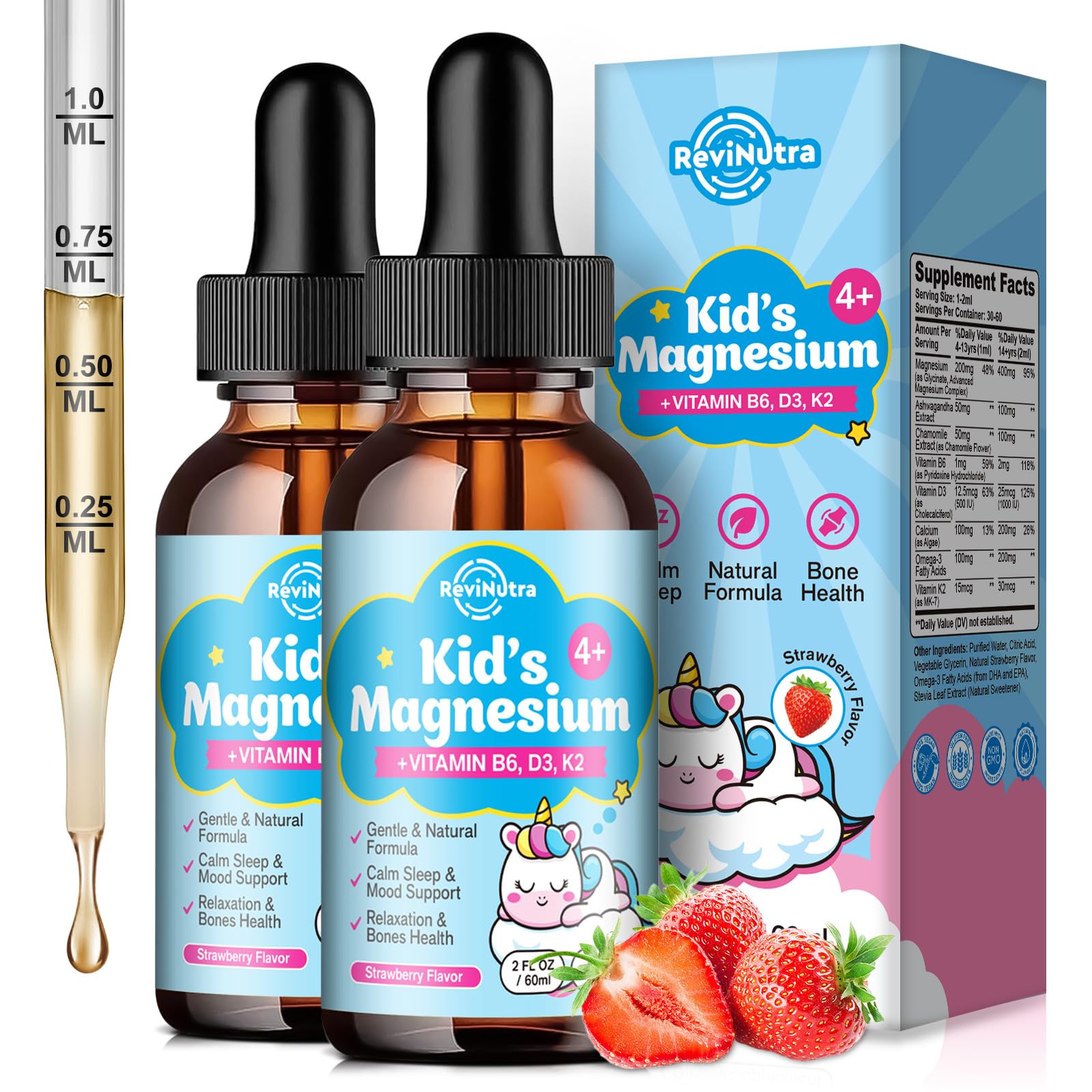 2 Pack Kids Magnesium Glycinate Liquid Drops with Omega-3, Ashwagandha, Vitamin B6, D3, K2, Calcium &amp; Chamomile - Magnesium Drops for Kids Sleep, Calm, Focus, Brain &amp; Mood - Strawberry Flavor