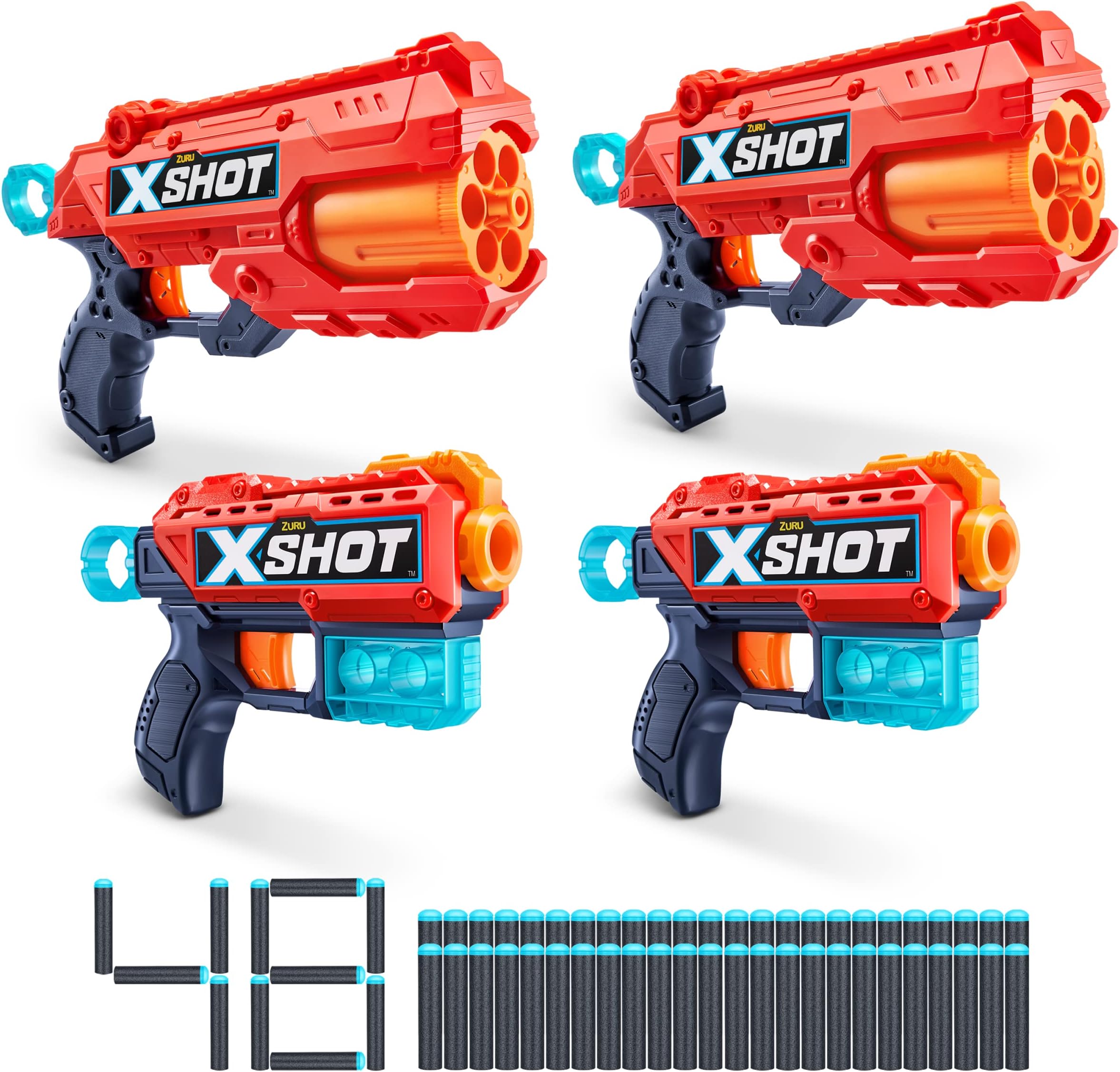 XSHOT Excel 2 Reflex 6 + 2 Kickback (4 Pack + 48 Darts + 3 Shooting Targets) by ZURU, XSHOT Red Foam Dart Blaster, Toy Blaster, Rotating Barrels, Toys for Kids, Teens, Adults (Red)
