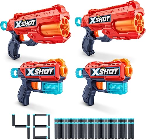 Miniatura 7 de XSHOT ZURU 36354 Excel - Paquete de 6 lanzadores de dardos de espuma con doble reflejo (48 dardos, 3 latas) Multicolor,Rojo