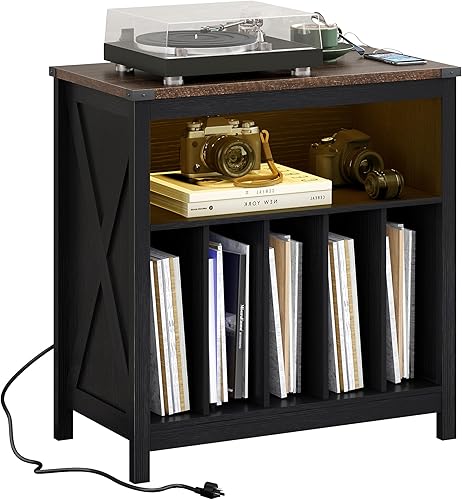 Miniatura 8 de ChooChoo Soporte grande para tocadiscos con estación de carga y luz LED, soporte para discos de vinilo con capacidad para hasta 300 álbumes, mesa