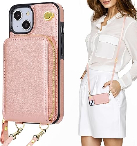 KIHUWEY Funda tipo cartera cruzada para iPhone 13, iPhone 14, funda con bolsillo con cremallera y soporte para tarjetas, funda protectora de piel