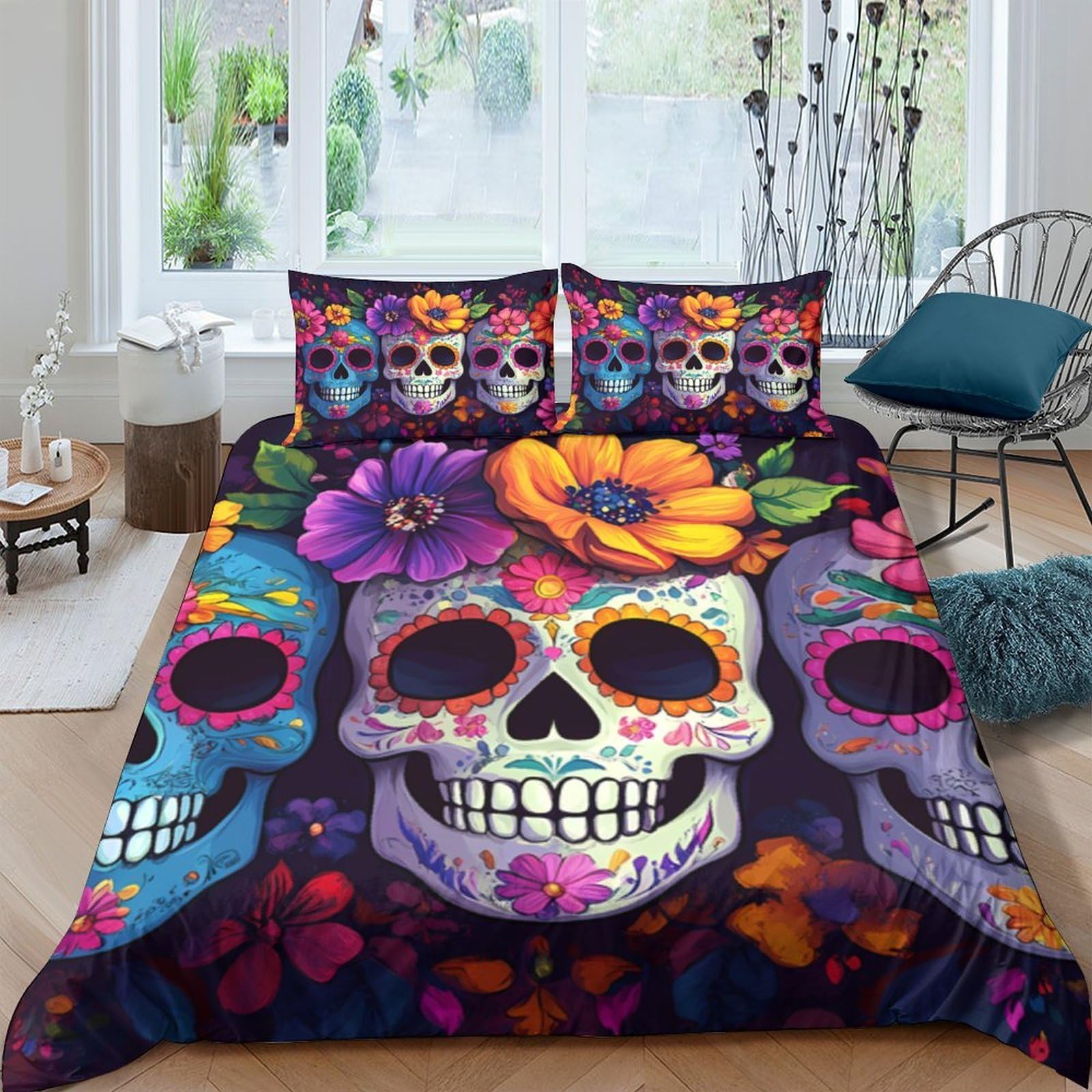Ctjqhvkz Style-4 3D Printed Colorful Skull Fitted Sheet Microfiber Vibrant Floral Bed Cover For Bedroom Guest Room Dorm Decor Single（135X200cm）