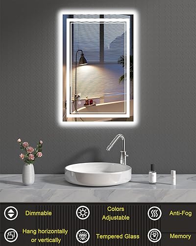 Miniatura 6 de Espejo de baño de 24 x 36 pulgadas con luces, espejo de tocador LED para baño montado en la pared con triple brillo por 2 luces delanteras y 1