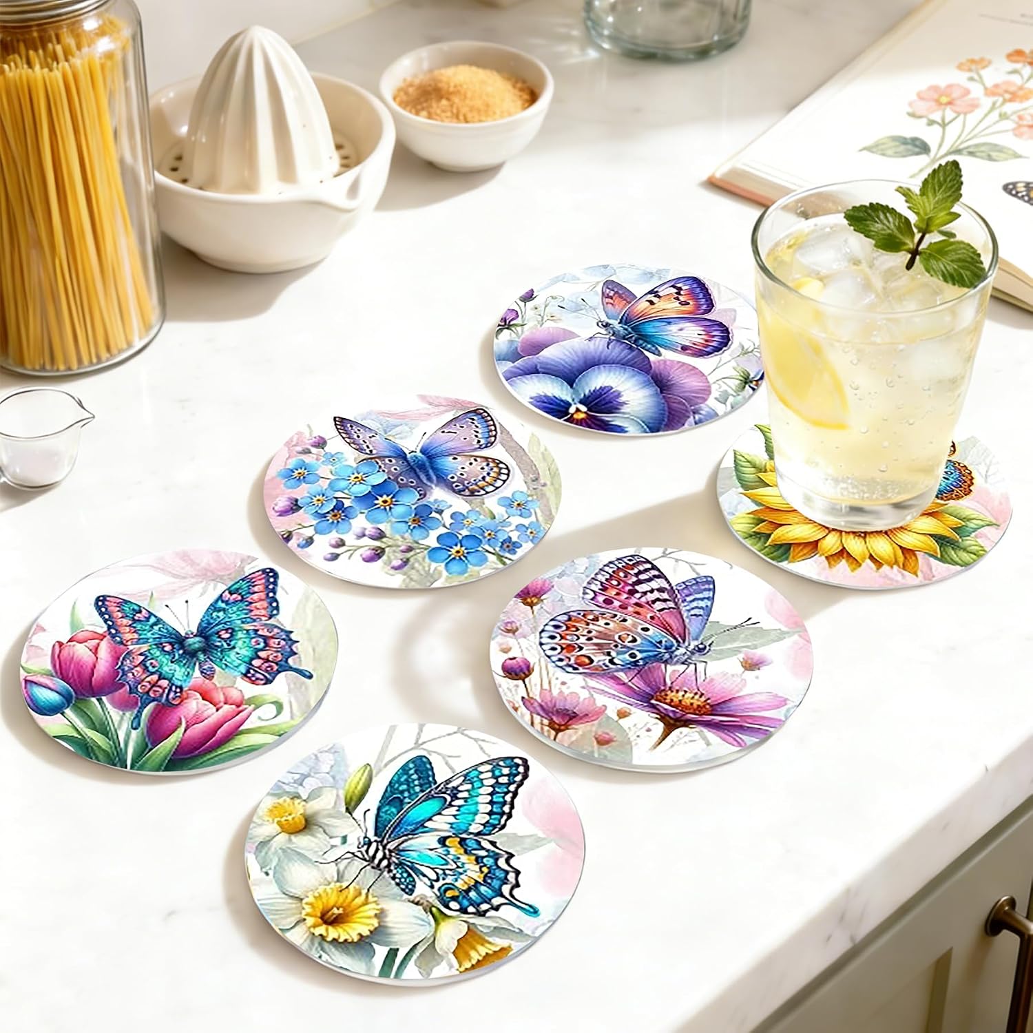 Diamond Art Coasters 8 Pack with Holder DIY Diamond Painting Coasters Crafts Kits for DIY Coaster Diamond Art Kits for Adults Gift 4X4 in (Butterfly-8pc)