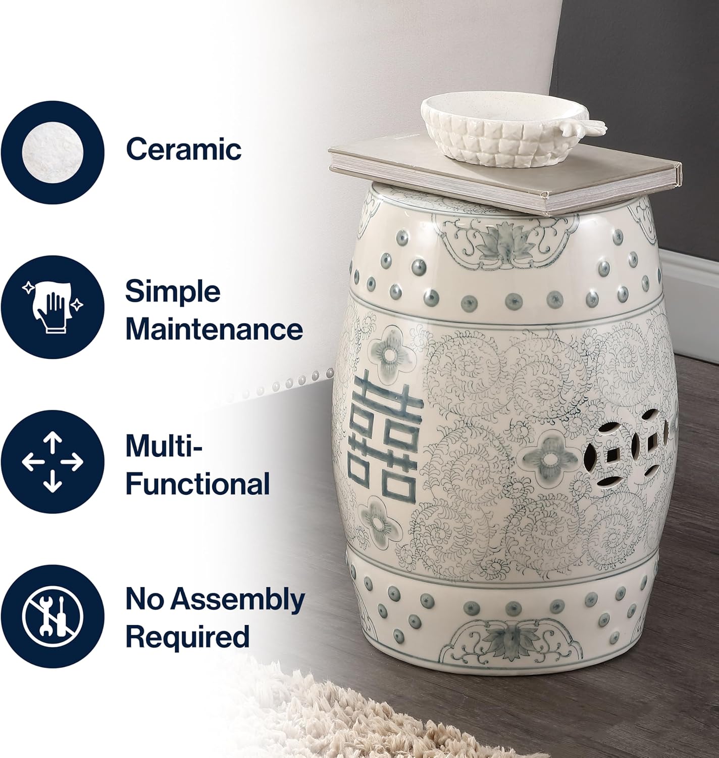 JONATHAN Y TBL1013C Double Happiness 18" Chinoiserie Ceramic Drum Indoor/Outdoor Garden Stool Bohemian, Coastal, Classic, Cottage, Traditional, Patio, Garden, Bathroom, Living Room, Gray Blue/White