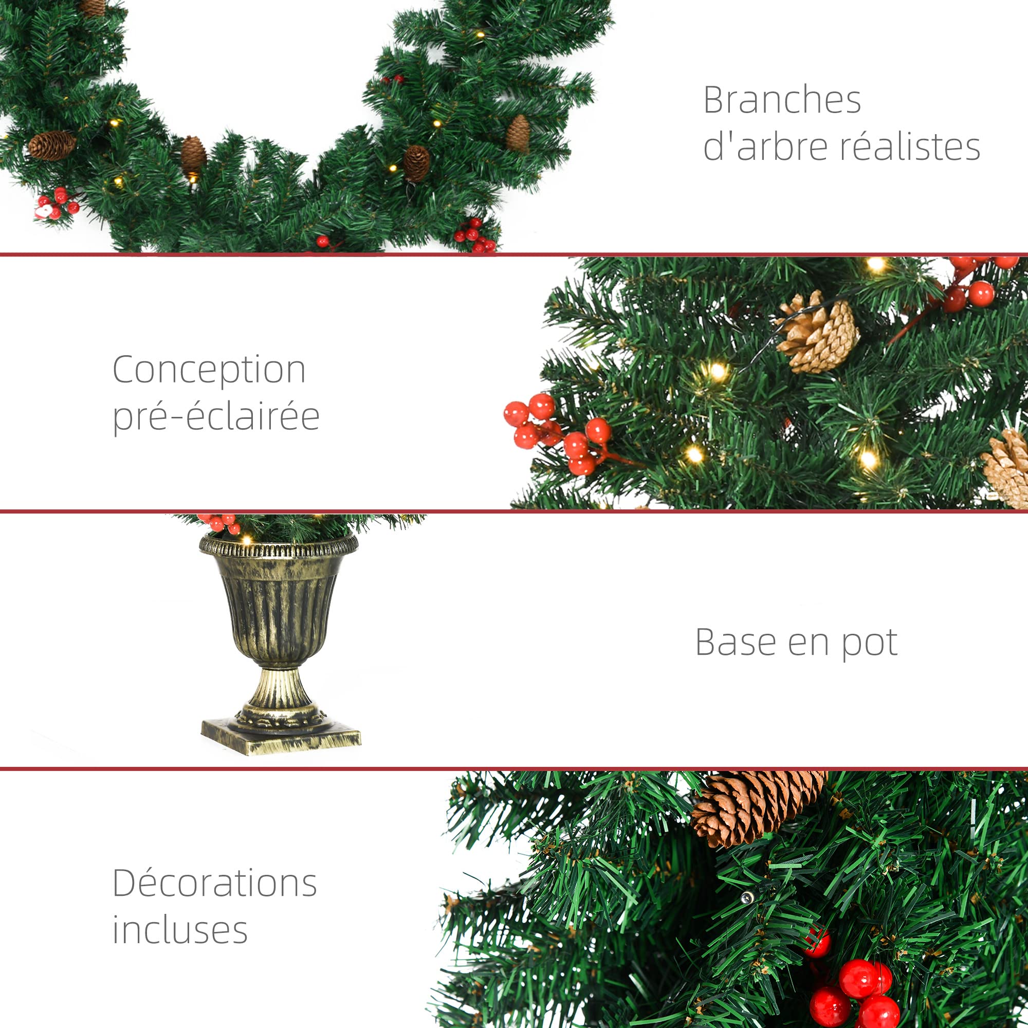HOMCOM Lot de 4 Pièces Décoration de Noël Lumineuse, 1 Couronne, Vert