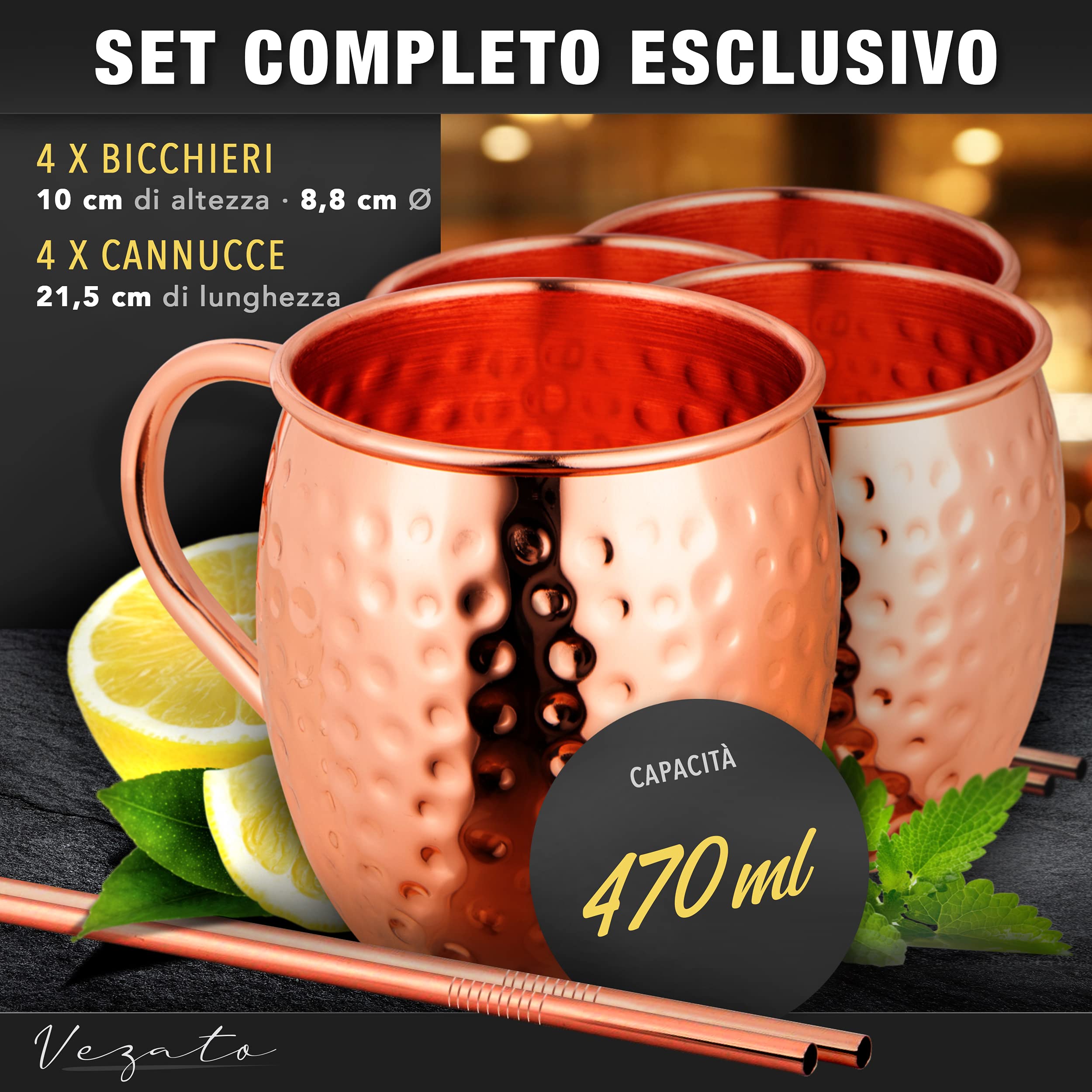 Vezato Moscow-Mule - Tazza in rame martellato con cannucce, set fatto a mano [4 pezzi] - Tazza antiruggine