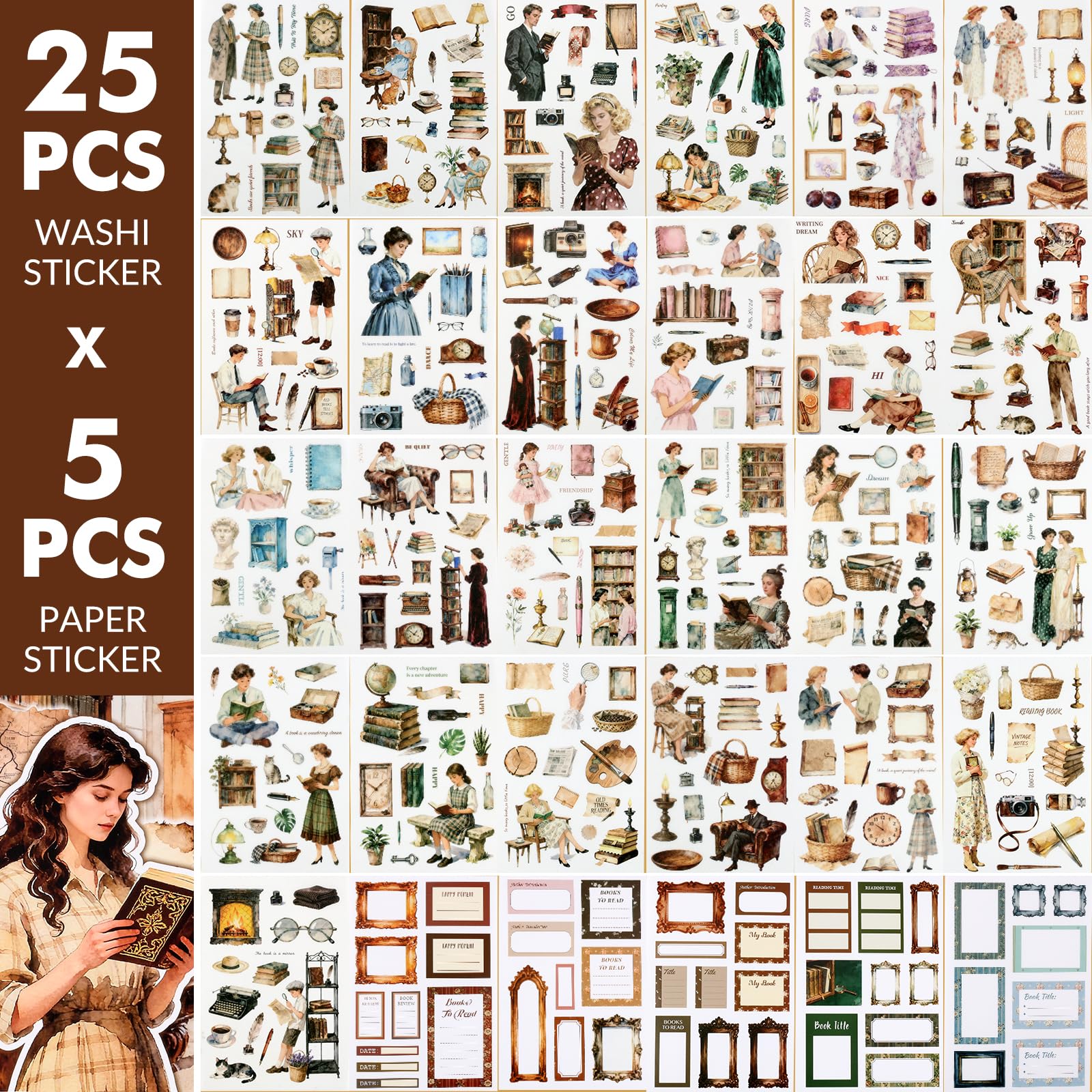 Czytanie scrapbookingu Naklejki 400 wstępnie wyciętych naklejek Washi i 20 kartek do scrapbookingu Vintage naklejka dziennik materiały ludzie naklejki książki do pamiętnika