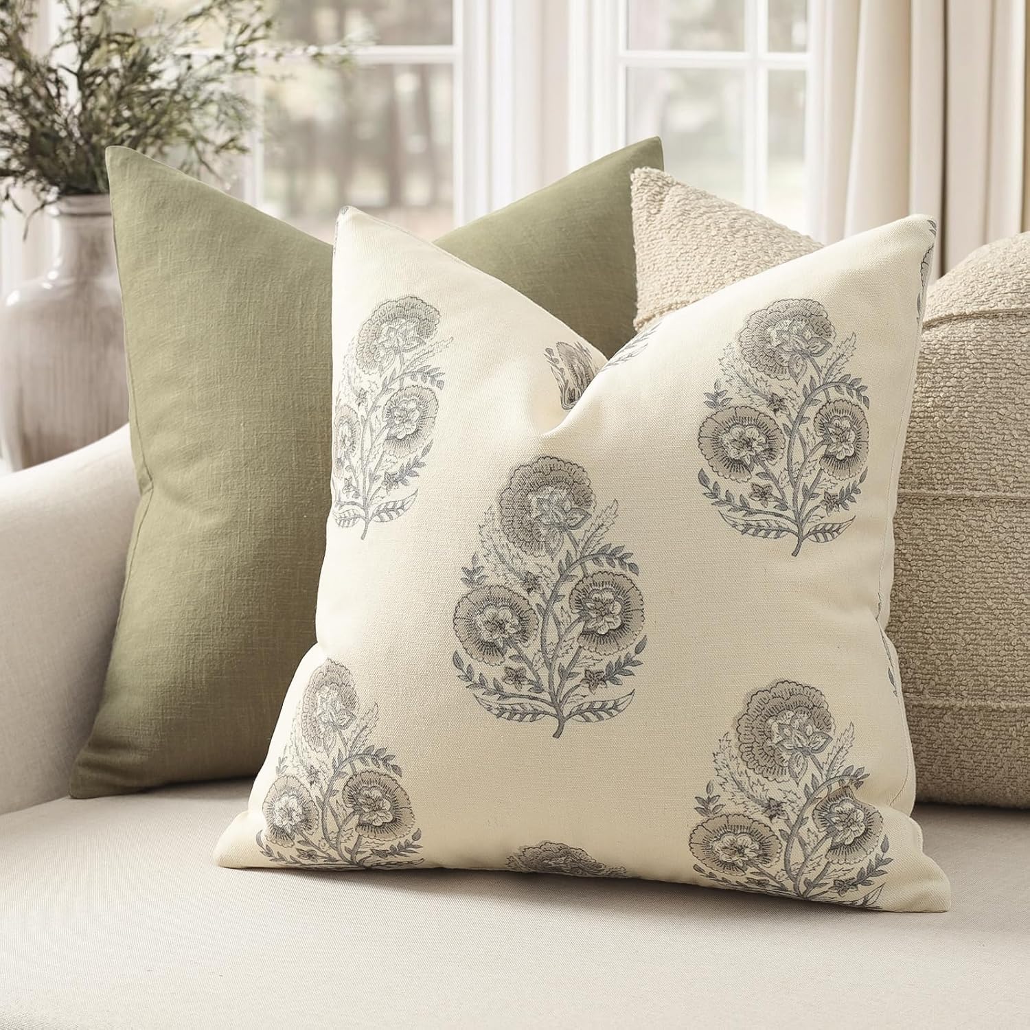 YCOLL Vintage Floral Print Pillow Covers 16x16 Set of 2 Patterned Accent Decorative Cushion Covers Modern Farmhouse Throw Pillow Covers for Sofa Couch Chair Bed Living Room Home Decor, Light Taupe