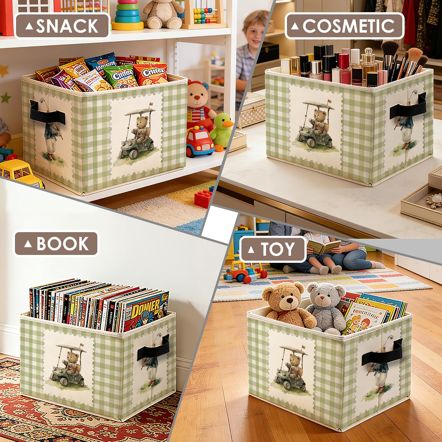 Bear Golfer Golf Nursery Storage Bins with Handles, Sage Green Checkered Bear Golfing Collapsible Storage Box Basket Books Clothes Organizer for Boys Room Nursery Playroom