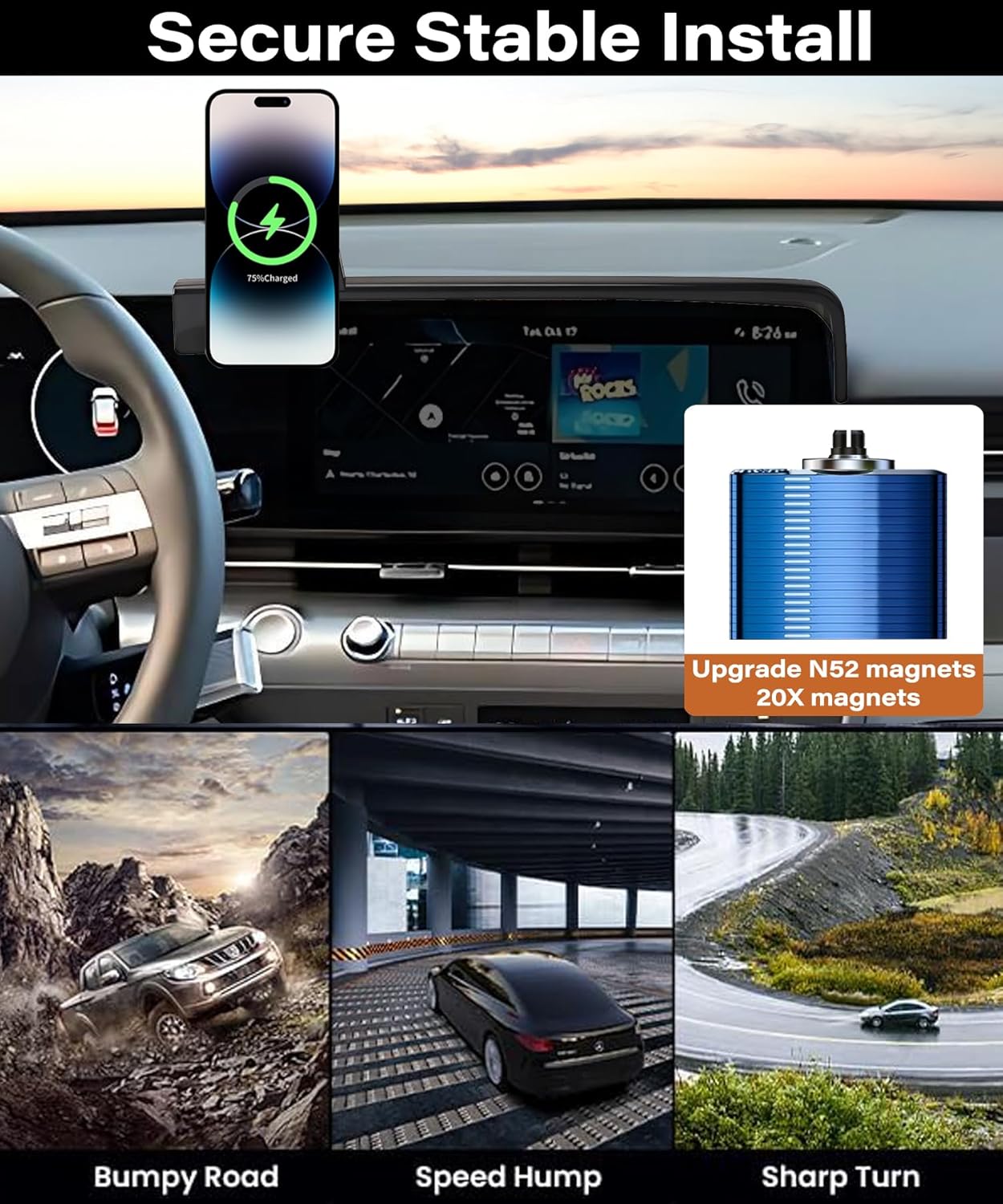 Car Phone Holder for 2024 2025 2026 Hyundai Kona/Kona EV Electric Accessories 15W Fast Wireless Charger Screen Fixed Clip HandsFree Cell Phone Mount 360° Rotation (12.3 Inch)