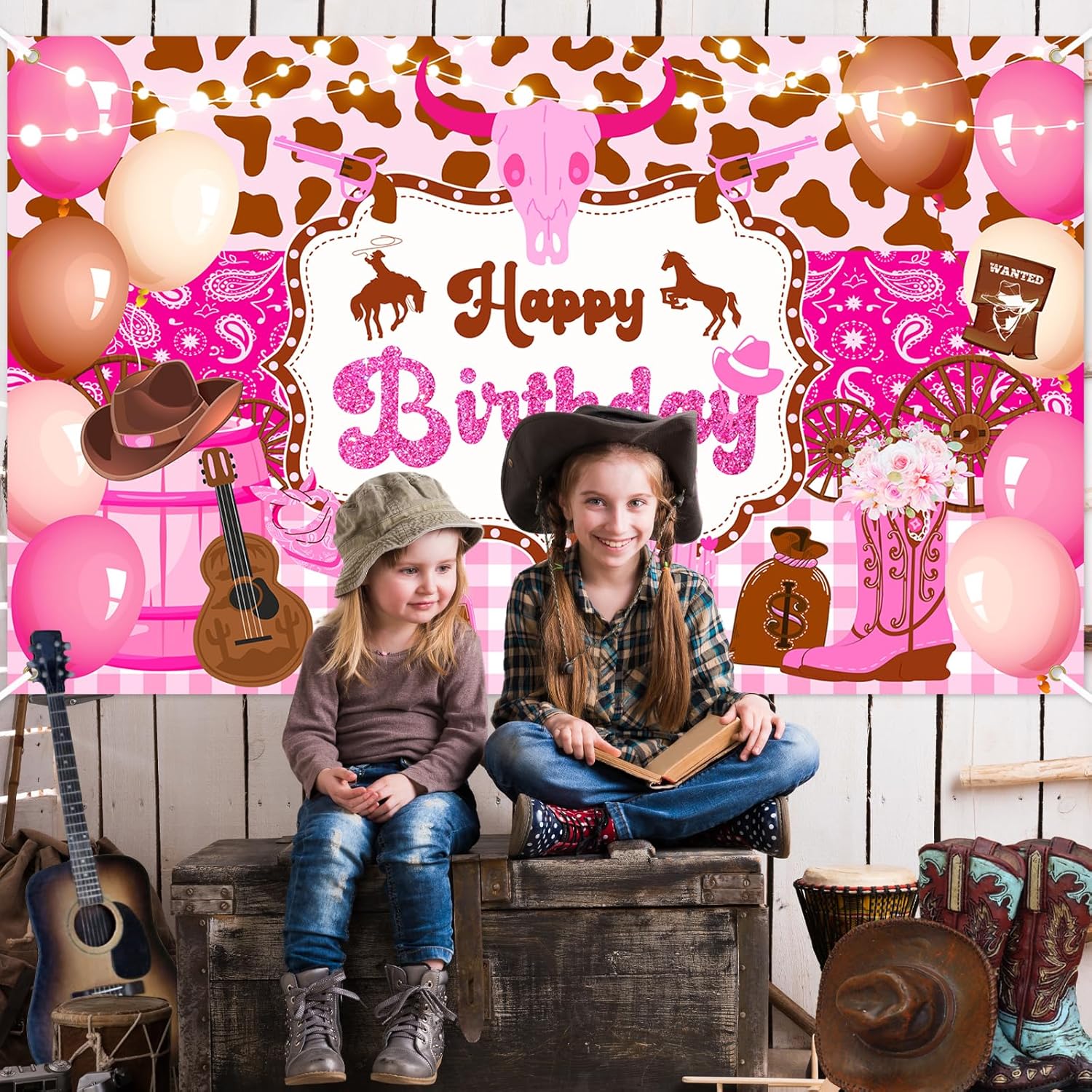 Avezano Western Cowgirl Birthday Banner Wild West Western Theme Happy Birthday Party Decorations Cow Print Pink Cowgirl Birthday Photography Background Party Supplies Banner 70.8 x 43.3 Inch - Image 6