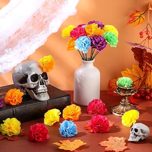 Miniatura 5 de Tigeen 120 claveles artificiales de seda para decoración de bodas, bricolaje, arreglos funerarios, coronas de diámetro de 3.5 pulgadas y 6 pulgadas