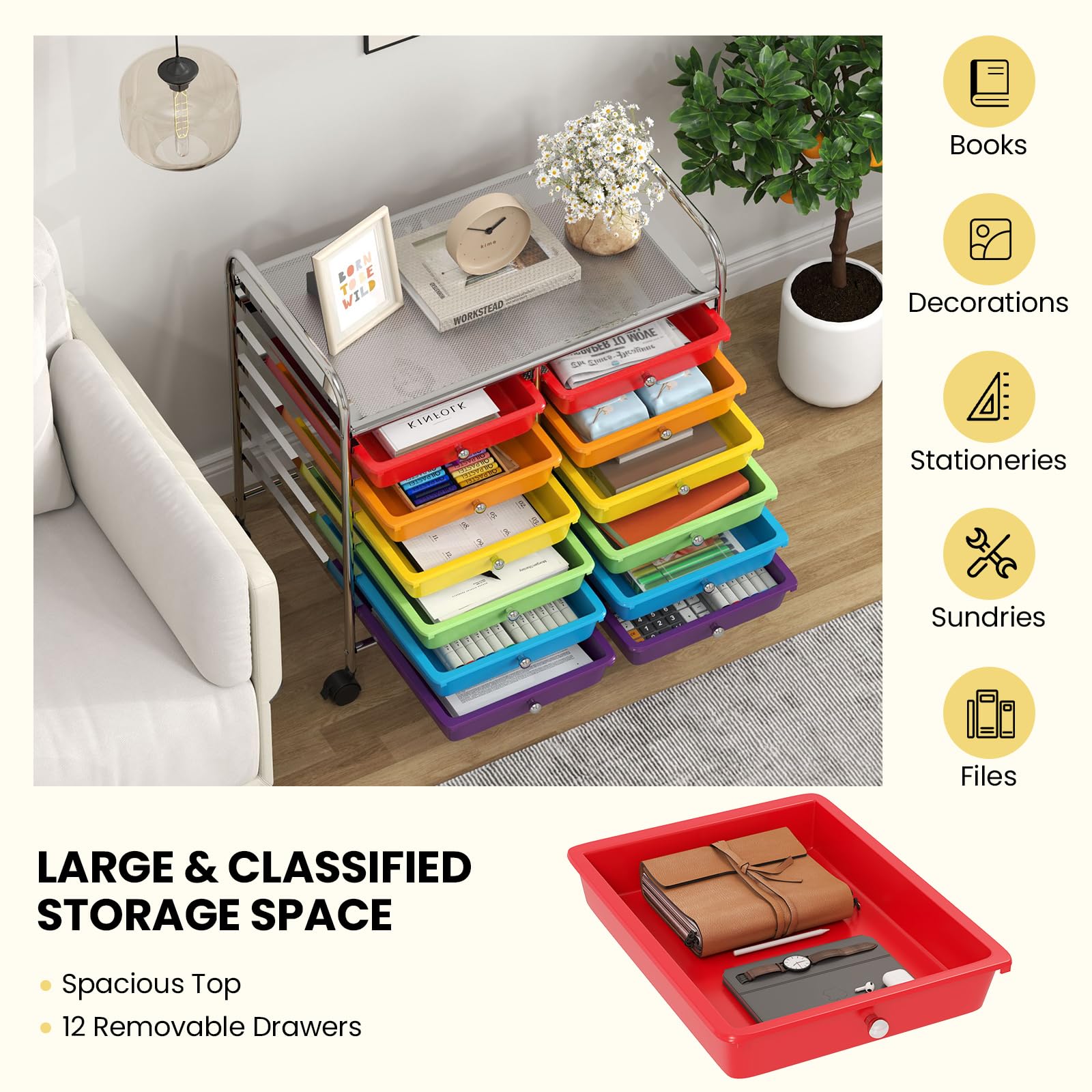 GIANTEX Chariot de Rangement, 12 Tiroirs, roulettes Pratiques, Grande Planche de Travail, Poignées Latérales, Glissières Douces, Chariot Polyvalent pour Salon, Cuisine, Bureau (Multicolore)