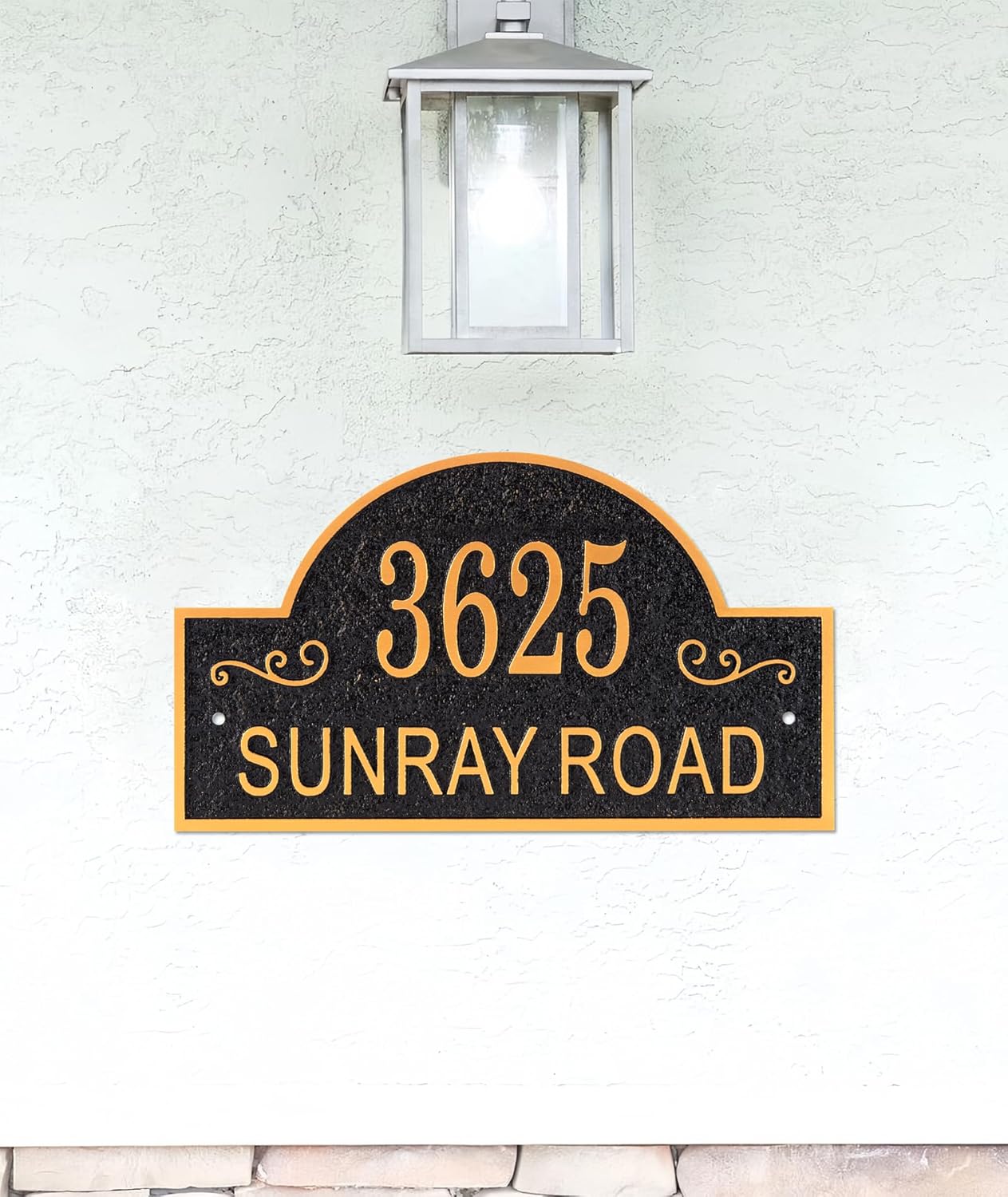 Personalized Address Plaque WALL MOUNTED House Number Sign,Custom Address Sign for Outside Mailbox,Street,Apartment,Office (Arch Style 7,Black/Gold)