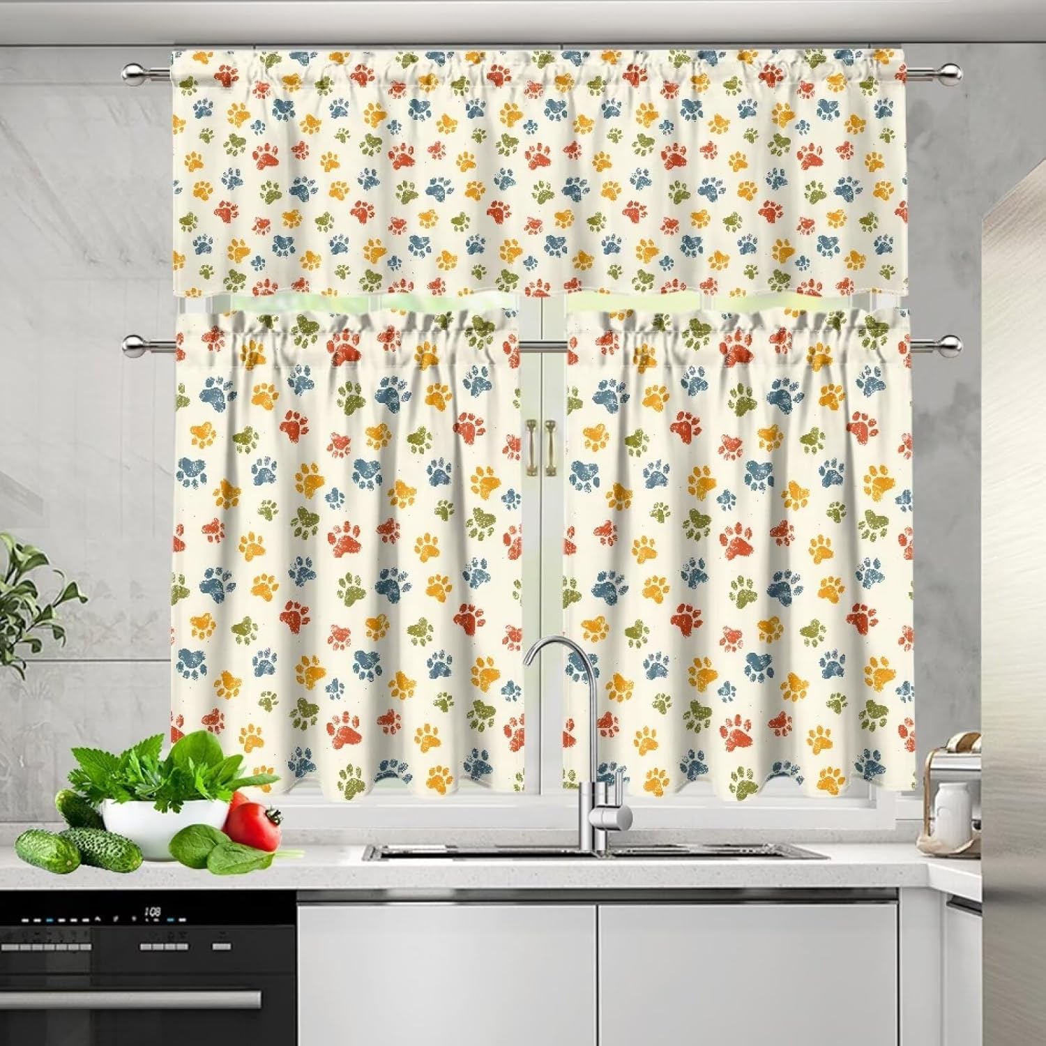 Colorful Paws Curtain for Kitchen Bathroom Washable Curtain Sets for Living Room Rod Pocket Window Treatment 3 Piece Set Curtains Valance for Home