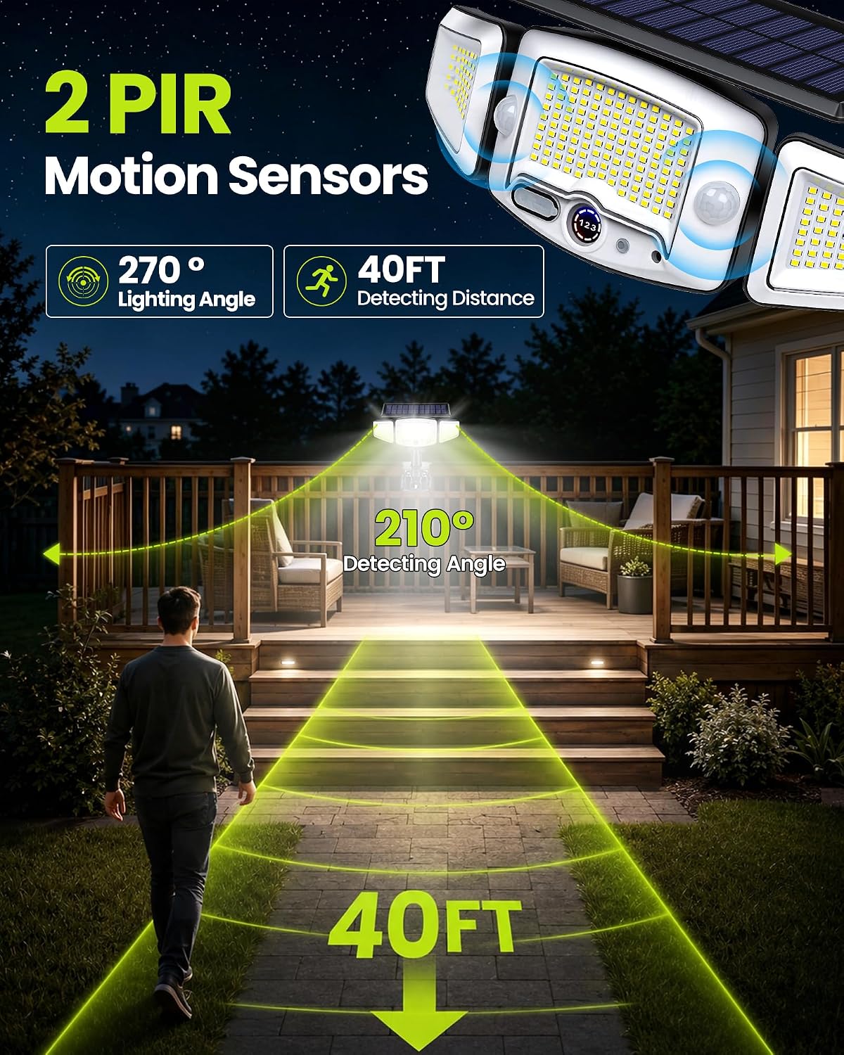 4000mAh Clip on Solar Lights Outdoor, 2500LM Motion Sensor Outdoor Lights with Digital Display, 270° Wide Angle &Dual PIR Sensors, IP65 Waterproof Solar Flood Lights for Fence Yard Deck Camping（1Pack）