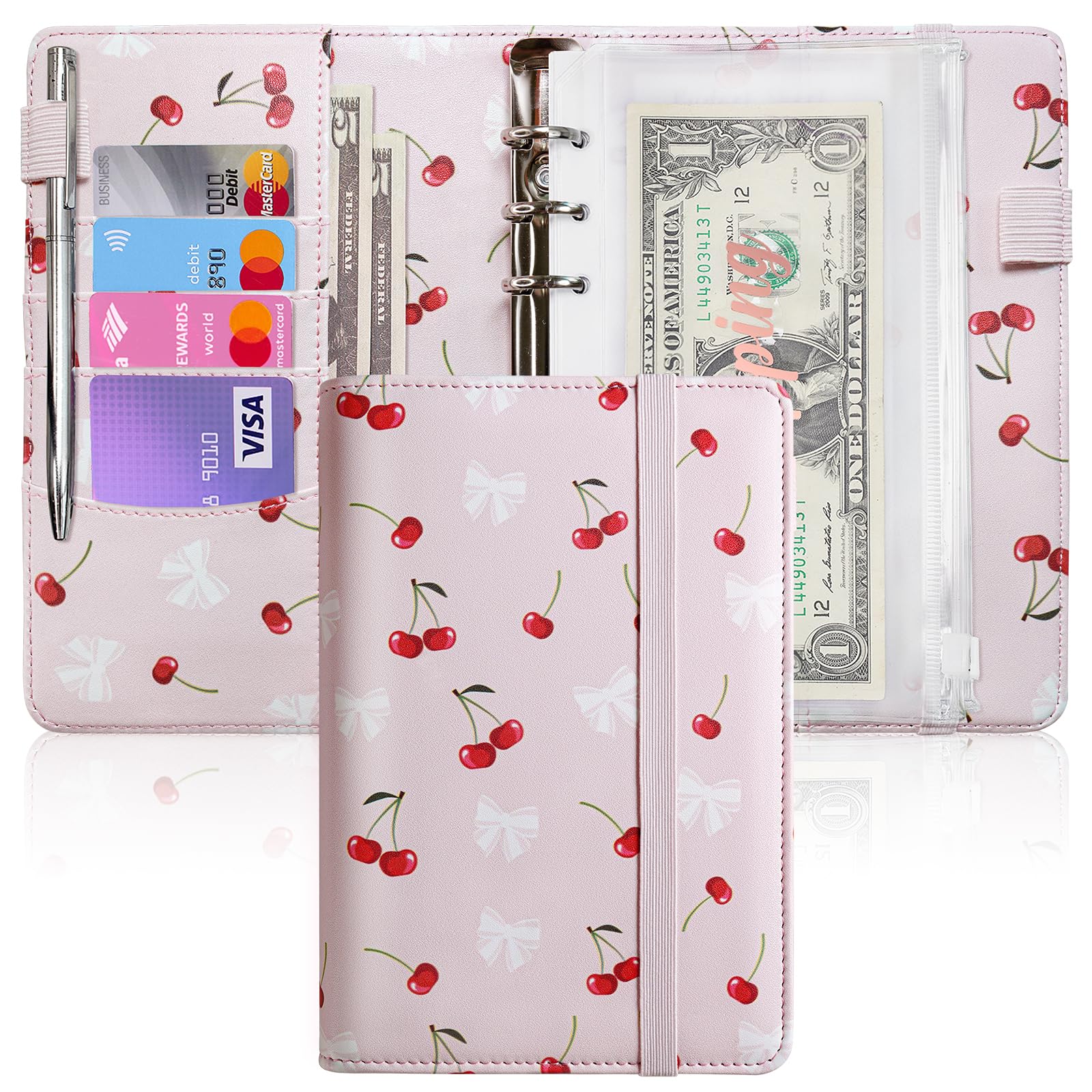 A6 Budget Binder for Money Saving, PU Leather Budget Planner with 8 Cash Envelopes, Budget Sheets &amp; Rose Gold Category Stickers, Money Organizer for Cash (Pink Cherry)