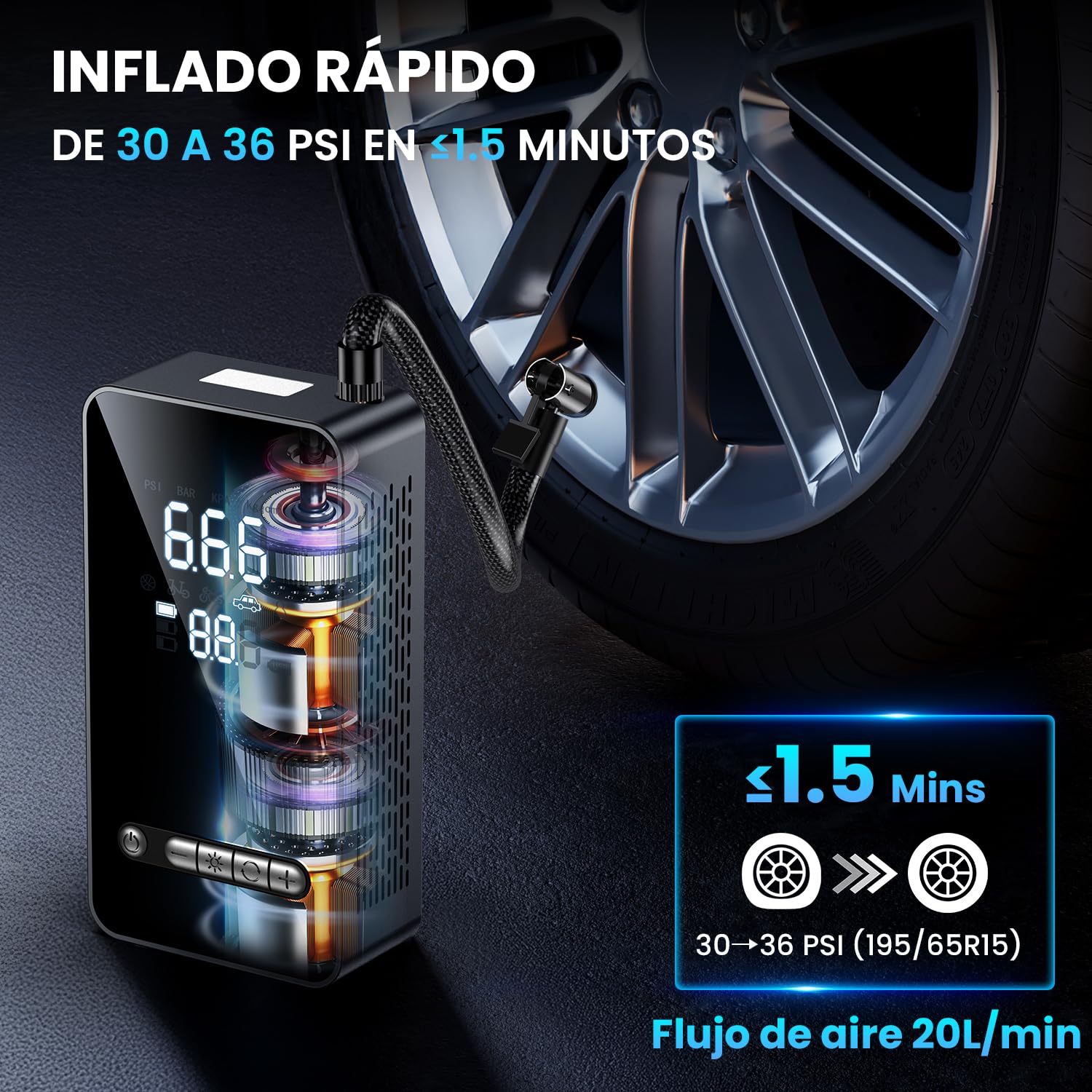 Inflador Ruedas Coche Compresor Aire Portatil - Inflador Electrico 150PSI con Función de Parada Automática, Hinchador Ruedas para Coche Moto Bicicleta Bola, Pantalla Digital y Luz LED, Nueva Versión — view 2