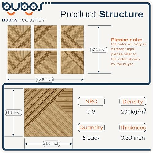 Miniatura 2 de BUBOS Paneles acústicos grandes, paquete de 6 paneles de pared insonorizados con estampado de madera, tamaño total de 70.8 x 47.2 pulgadas, paneles