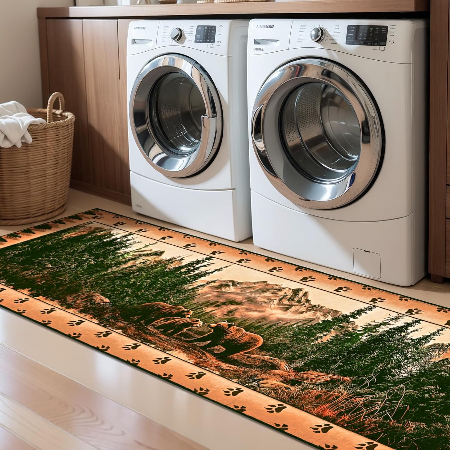 FRAMICS Farmhouse Runner Rug 2x7, Rustic Washable Rug Runners for Hallways Non Slip, Soft Faux Wool Cabin Bear Kitchen Runner Rugs Low Pile, Country Wildlife Area Rugs for Bedroom Laundry Room