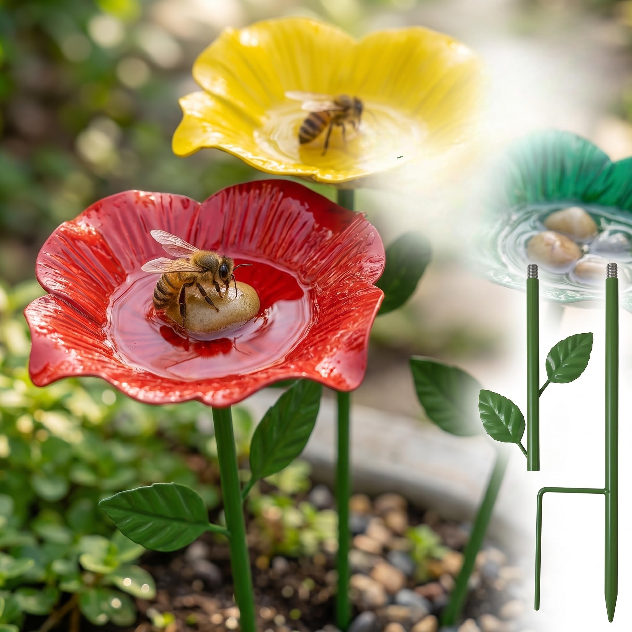 Abbeveratoio da giardino in metallo, set di 4 abbeveratoi per insetti, abbeveratoio per uccelli, fiori, dispenser d'acqua per api e farfalle, decorazione per esterni, cortile, decorazione da