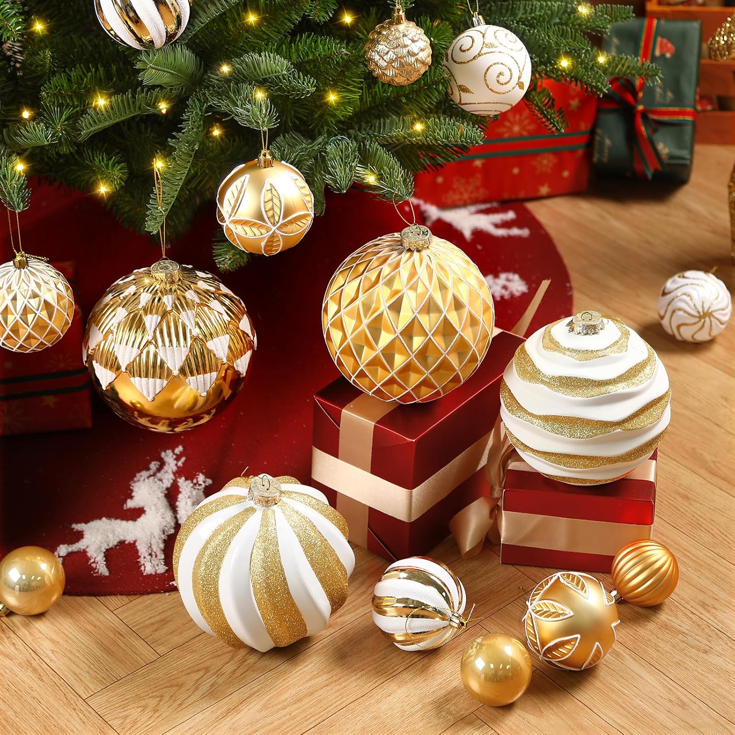 Alupssuc 6''/150mm Large Christmas Ball Ornaments, 4Pcs Christmas Tree Decor, Shatterproof Hanging Decorations with Hooks, Gold & White Baubles for Xmas Tree, Wedding, Holiday and Party Decor