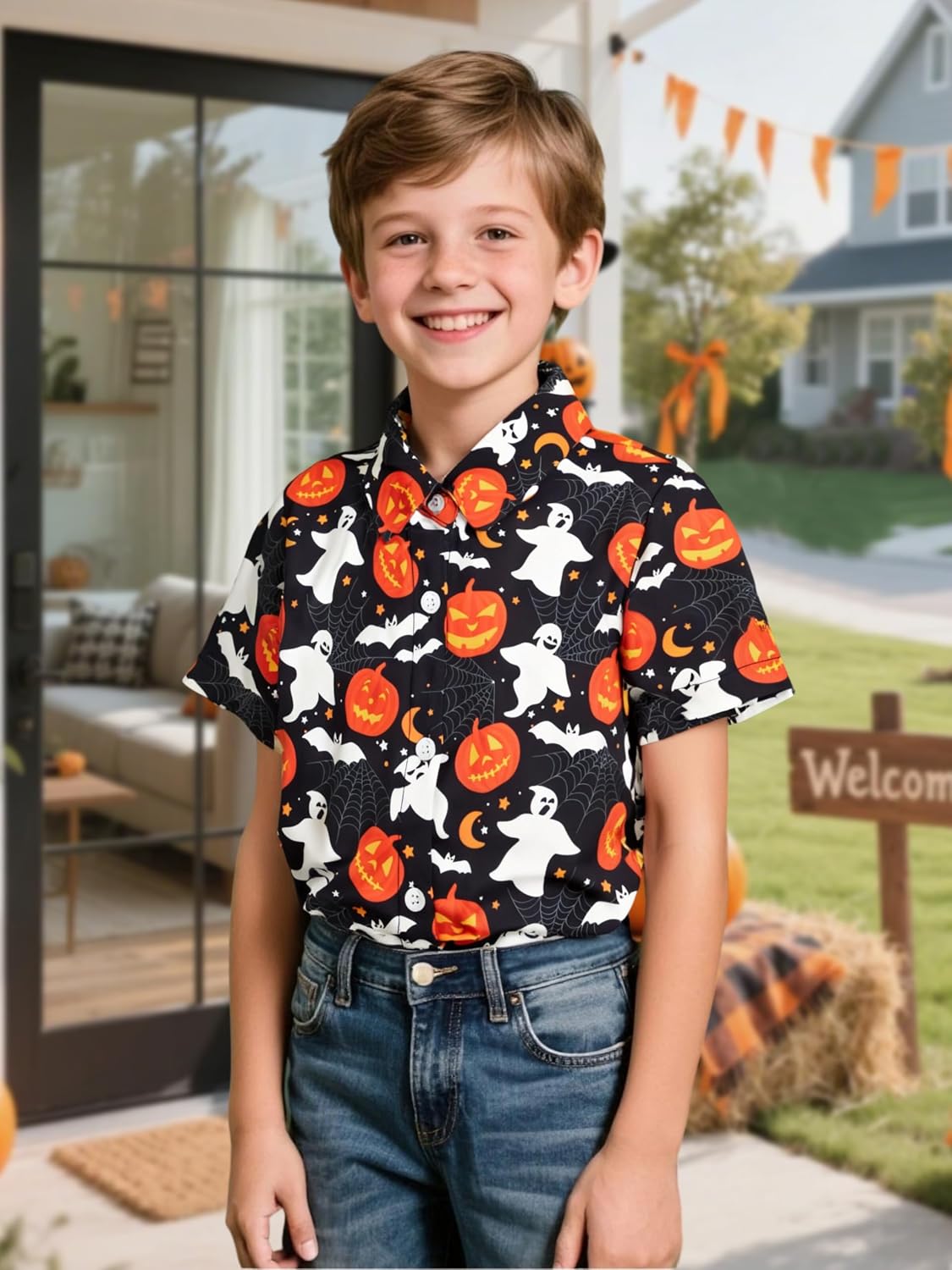 Halloween Shirts for Toddler Girl Boys Short Sleeve Button Down T Shirt Kids Ghost Pumpkin Graphic Hawaiian Shirts