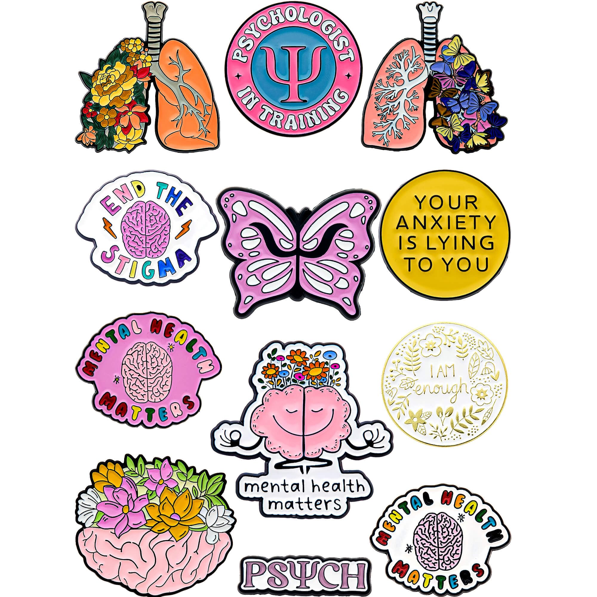 Anjulery Mental Health Awareness Enamel Pins Set of 12 – Inspirational & Positive Lapel Pins for Backpacks, Jackets, Hats, Lanyards & More –