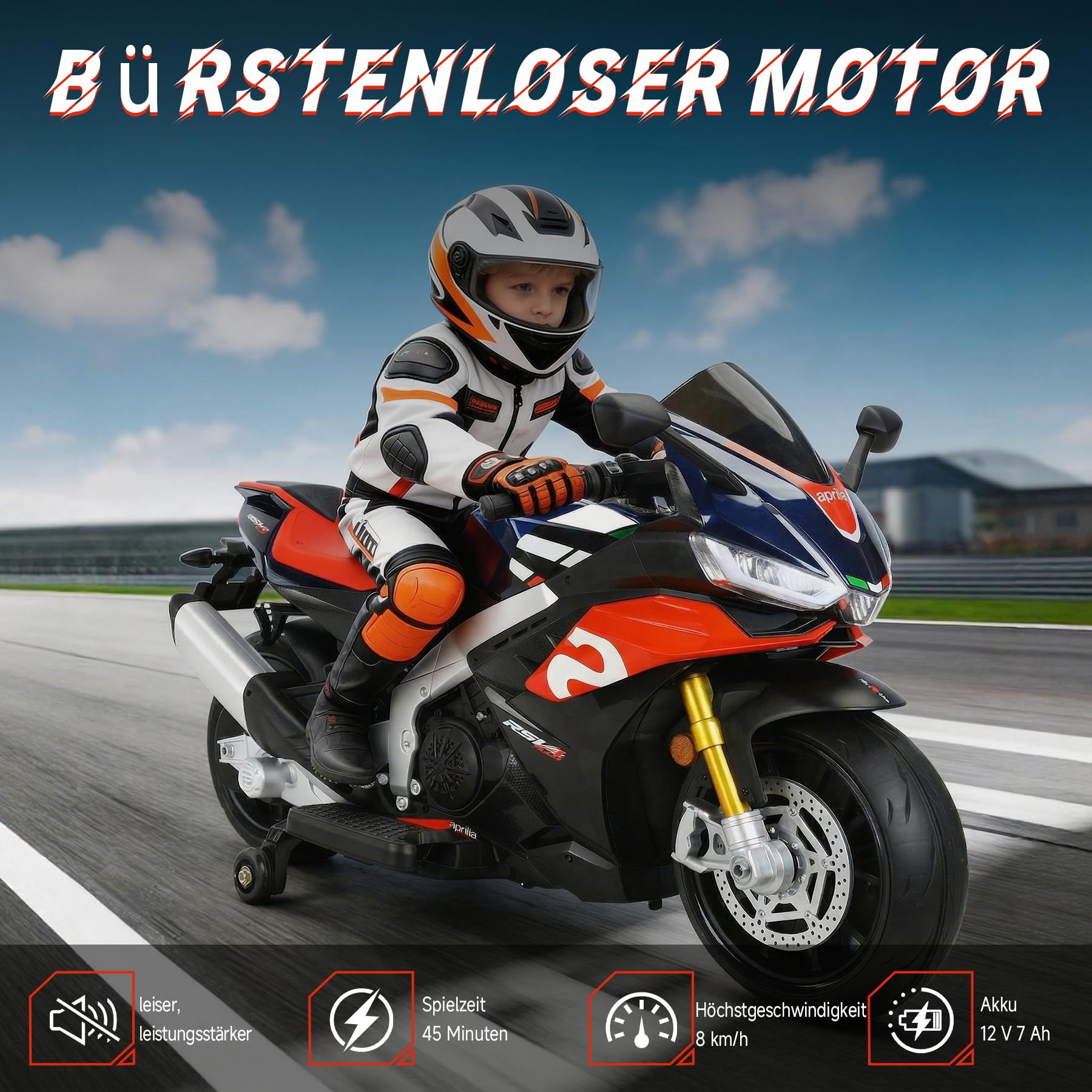 Kinder Motorrad Elektrisch 12V ab 3 Jahren, LED Licht, Stützräder, Blau